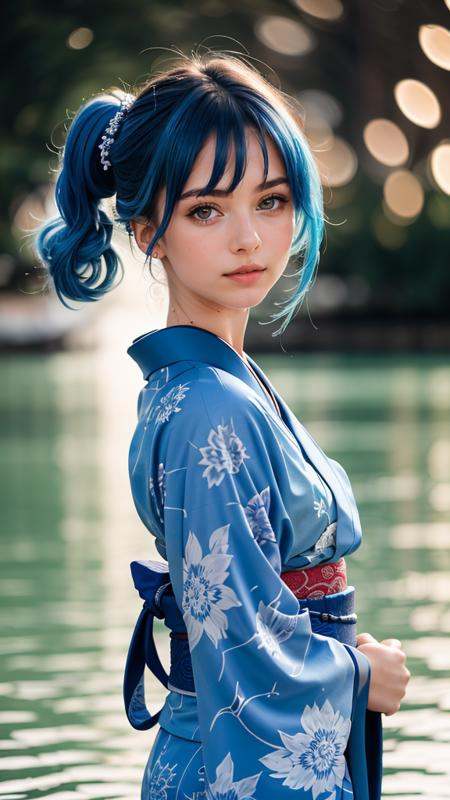 raw photo,  fashion photography of cute (young cute girl),  floating blue hair on Tensor.Art