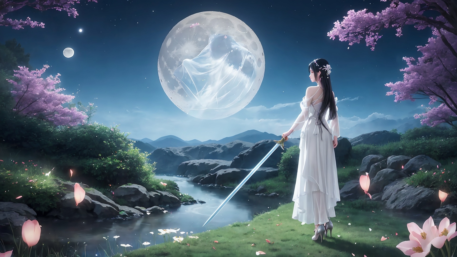 1girl,moon,weapon,sword,dress,long hair,solo,hair ornament,black hair,white dress,petals,night,water,full moon,grass,high heels,full body,back,<lora:girl solo luxueqi_20240911015355:0.7>,
