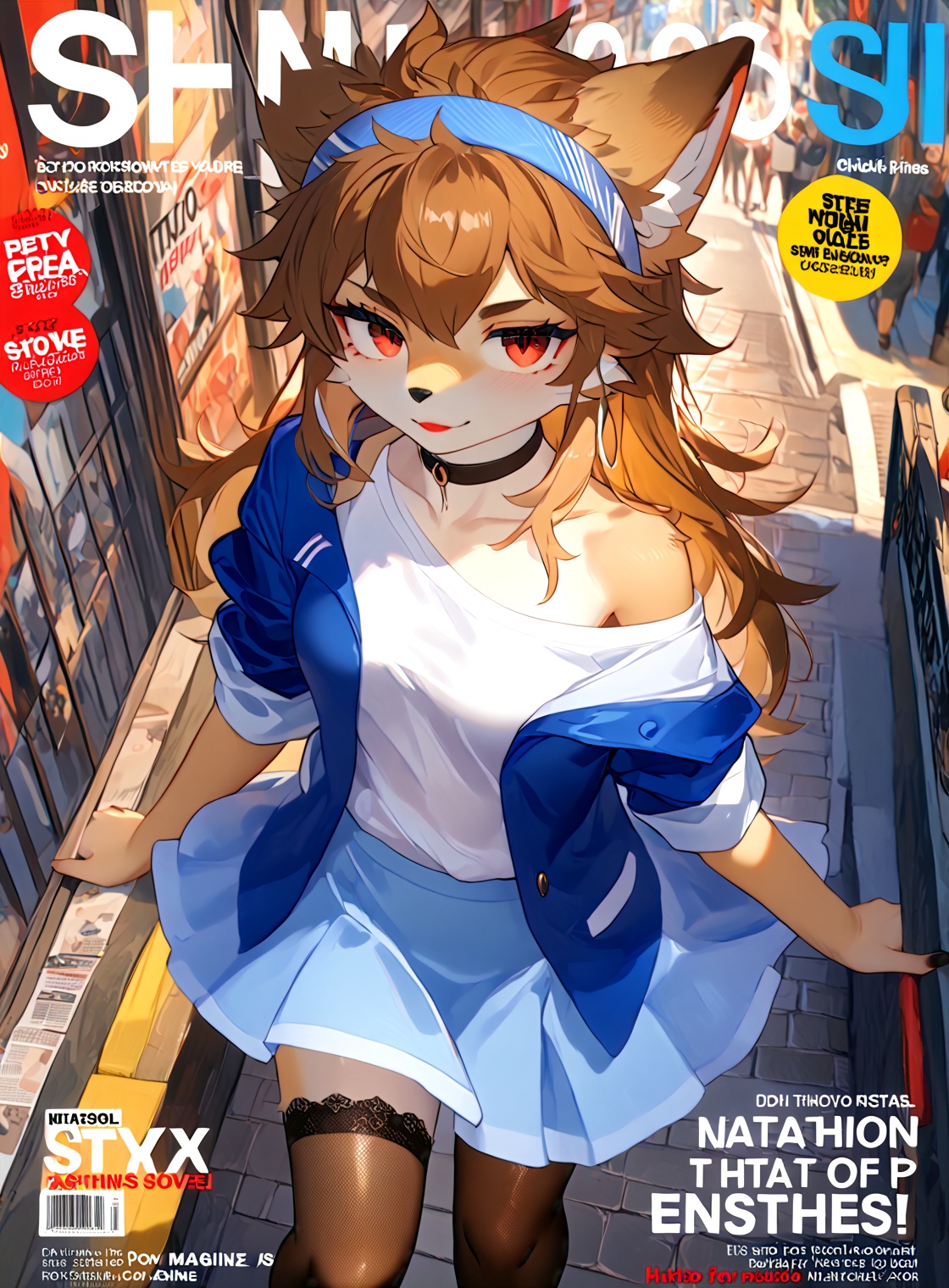 (8k, best quality, masterpiece),ultra-detailed,(high detailed skin),glossy skin,contrapposto,female focus,model,(hot:0.7),sexy,fine fabric emphasis,wall paper,crowds,fashion,Lipstick,depth of field,street,in public,Magazine cover,(title),(Magazine cover-style illustration of a fashionable woman),posing in front of a colorful and dynamic background. (The text on the cover should be bold and attention-grabbing, with the title of the magazine and a catchy headline),(hutaosl:1.2),blue jacket,blue skirt,white shirt,Black pantyhose,eyewear hang,red eyes,(long brown hair:1.1),blue hairband,off shoulder,open jacket,(good hands, nice hands:0.5),(beautiful_face),((intricate_detail)),((finely_detailed)),fine_fabric_emphasis,((glossy)),body fur,furry,<lora:nayoshi01g:0.4>,<lora:细腻线条:0.35>,<lora:Gondom_Style:0.3>,close-up,from_above,eyes_focus,depth of field,