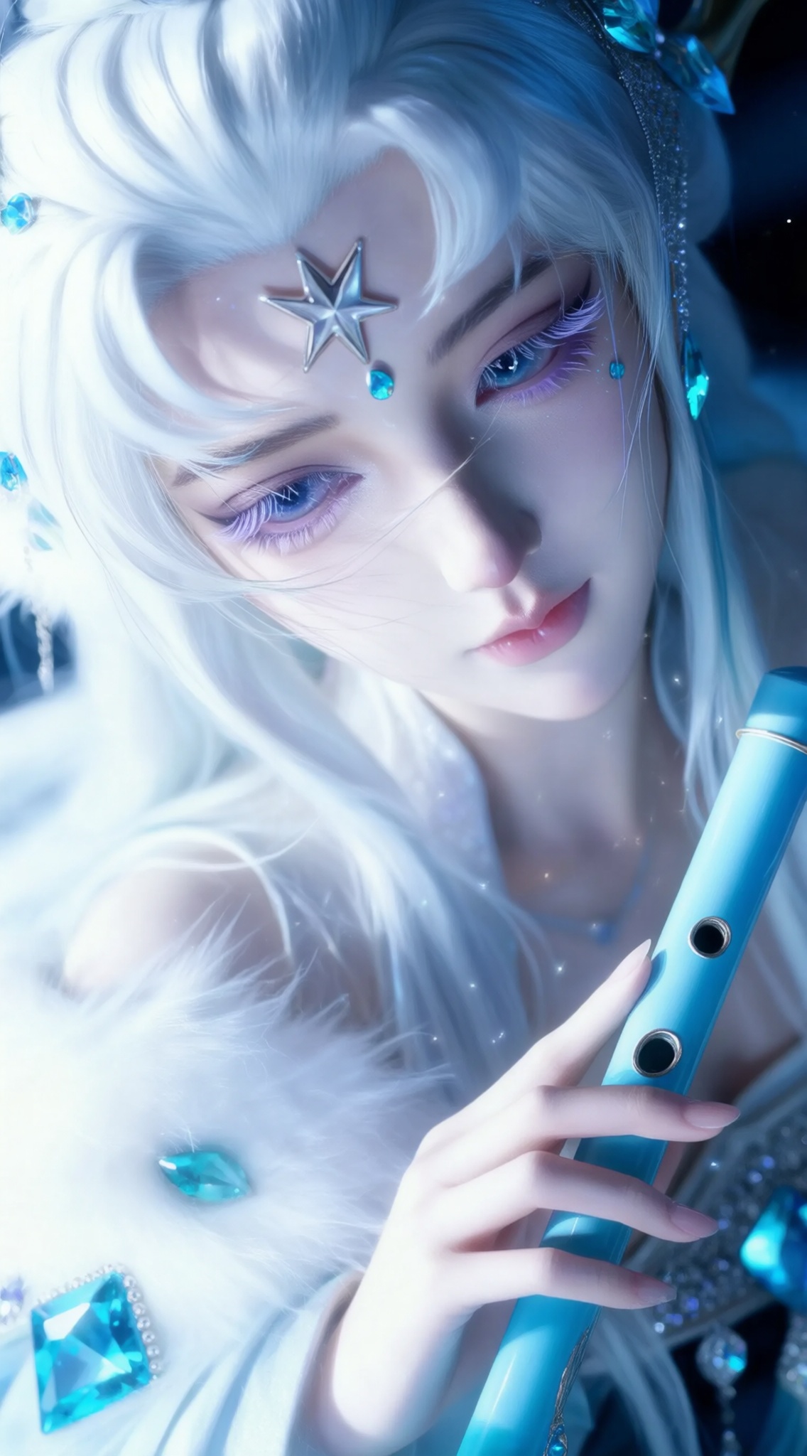 a close-up portrait of a young woman with pale skin and long,flowing white hair adorned with a star-shaped headpiece and sparkling blue gems,she has a serene expression and is looking directly at the viewer with her closed mouth,her eyes are a striking shade of blue,and her eyelashes are a lighter shade of purple,she is wearing a white fur coat adorned with blue gems,and she is holding a blue flute in her right hand,the background is blurred,with soft,ethereal lighting that highlights her delicate features and creates a dreamy atmosphere,the image has a high level of detail and realism,with a focus on the womans expression and the sparkling gems around her,, Negative prompt: ng_deepnegative_v1_75t,(badhandv4:1.2),EasyNegative,(worst quality:2),,nsfw, Steps: 30, Sampler: Euler, CFG scale: 6.0, Seed: 1892014325, Size: 1142x2048, Model hash: 98763a1277, Model: Qwen-Image_1.0.safetensors, Denoising strength: 0, RNG: CPU, Lora 1: ZOZ_湿润特效, Lora Hash 1: 36836624eb, Lora Weight 1: 0.8, vae_name: automatic