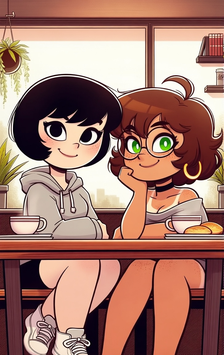 traditional media,  Stylized character illustration of two cute girls chilling together in a cozy coffee shop,  looking di...