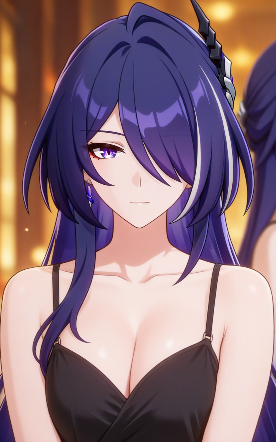 depth of field,masterpiece,best quality,very aesthetic,alternate costume,alternate costume,2024,2023,perfect composition,ultra-detailed,extreme aesthetic,masterpiece,best quality,good quality,newest,year 2024,year 2023,very aesthetic,absurdres,looking_at_viewer,colorful,upper_body,<lora:黄泉·衣服百搭款ILL:0.8>,acheron \(honkai: star rail\),blue hair,long hair,hair over one eye,purple eyes,purple hair,multicolored hair,streaked hair,white hair,hair ornament,earrings,