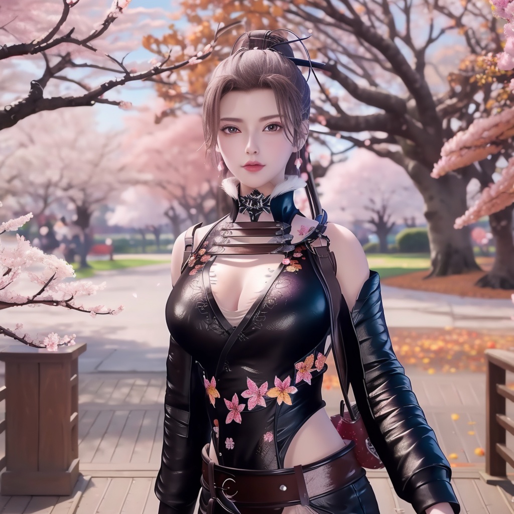 <lora:万界至尊-李雪衣-皮衣:0.8>, (,1girl, ,best quality, ),looking at viewer,  ,ultra detailed 8k cg,ultra realistic 8k cg, ,masterpiece, (( , )),, ,science fiction,mole, ,    ,(,cherry blossoms, autumn leaves,perfect cherry blossom,   ), (cleavage),,