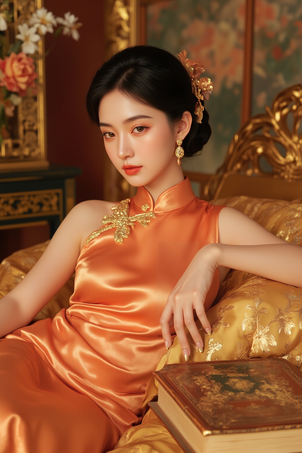 rich,<lora:rich15:0.6>,a girl niannian Photograph of an Asian woman with fair skin and black hair styled in an elaborate updo,wearing an orange silk gown with gold accents,reclining on a golden bed with floral patterns. The background features ornate golden decor,flowers,and traditional Chinese elements.,girl's hand with a vintage book,<lora:《MAJICFLUS_麦橘超国风旗袍》_极具古典美的旗袍美人_V1.0:0.5>,qipao,