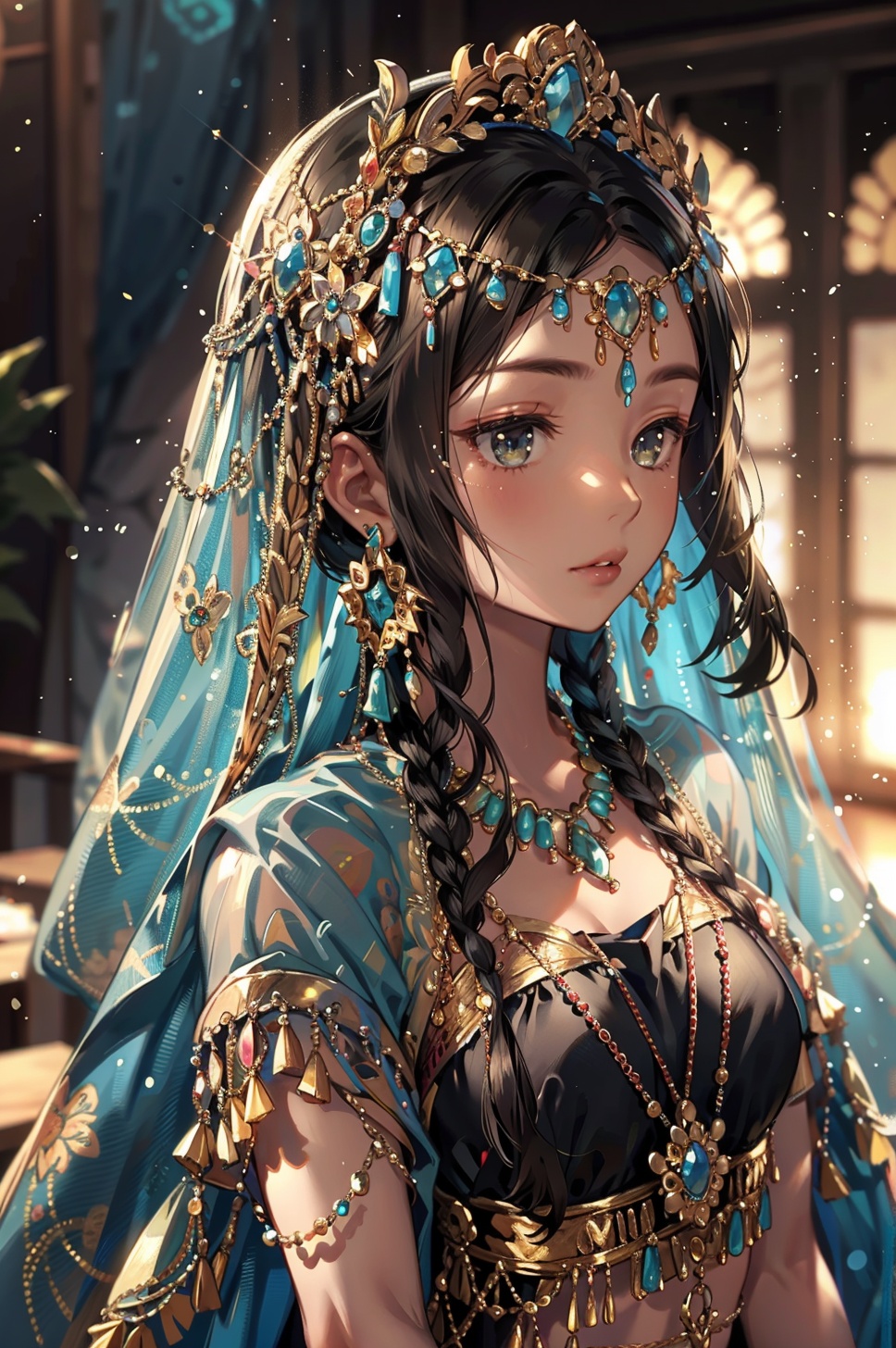 masterpiece,best quality,<lora:PDLX_西域公主:1.1>,1girl,jewelry,long hair,arabian clothes,dark skin,solo,blurry background,blurry,veil,bracelet,black hair,necklace,head chain,earrings,looking to the side,looking away,holding,shirt,closed mouth,lips,