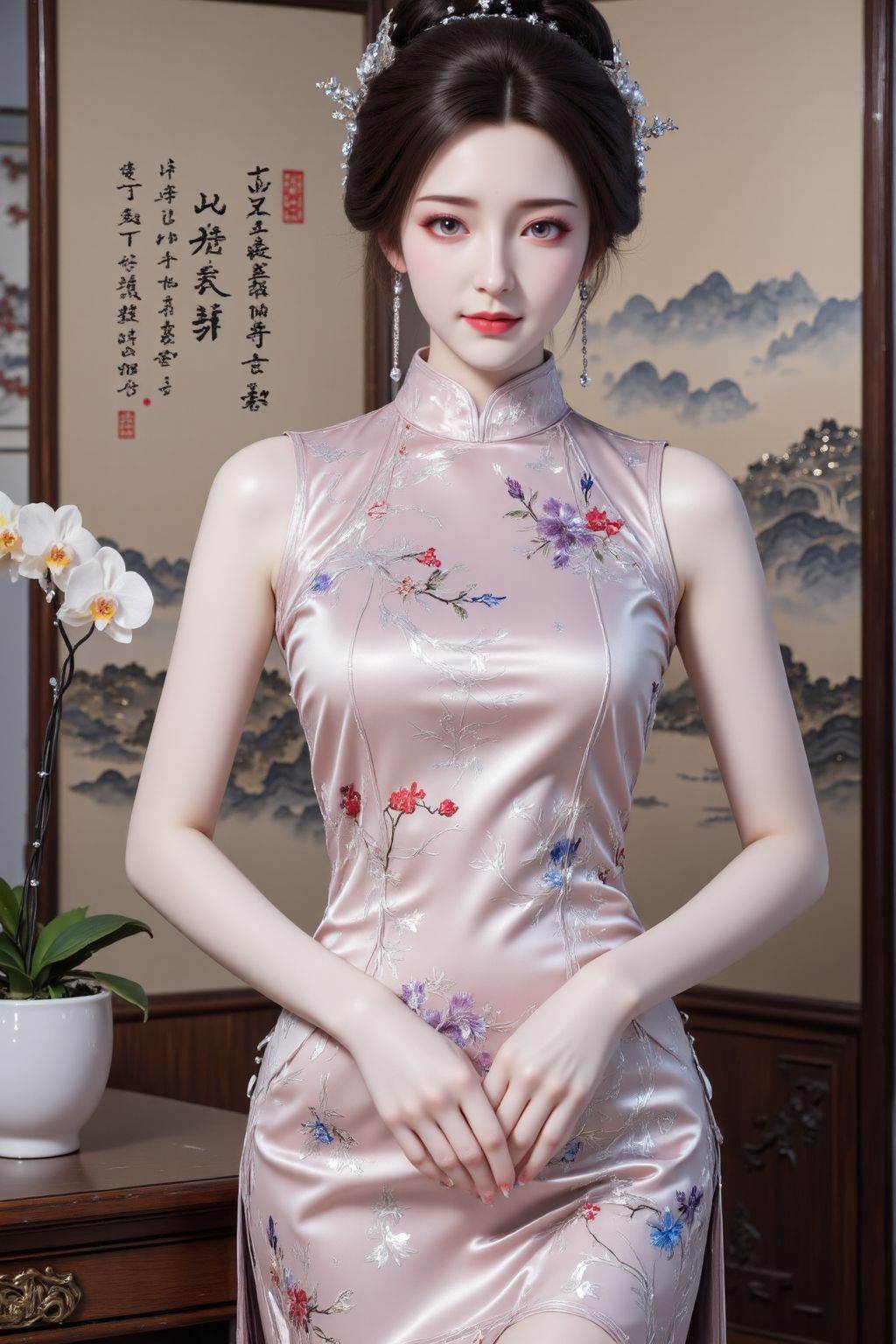 The image features a woman standing indoors against a backdrop that includes a traditional Chinese folding screen and a potted orchid on a wooden table. She is wearing a light pink, sleeveless qipao (cheongsam), a traditional Chinese dress, which is made of a shiny, satin-like fabric. The qipao has a high collar and is adorned with delicate floral embroidery in various colors, including red, purple, and blue, along with intricate silver threadwork. Her hair is styled in an elegant updo, decorated with silver hairpins and floral accessories. She is wearing dangling earrings and has a makeup look that includes red lipstick. Her hands are clasped together in front of her, and she is looking directly at the camera with a soft expression. The background folding screen has a landscape painting with mountains and trees, and there is calligraphy in Chinese characters on the left side of the screen. The overall setting suggests a blend of traditional Chinese aesthetics with a modern touch., high collar cheongsam