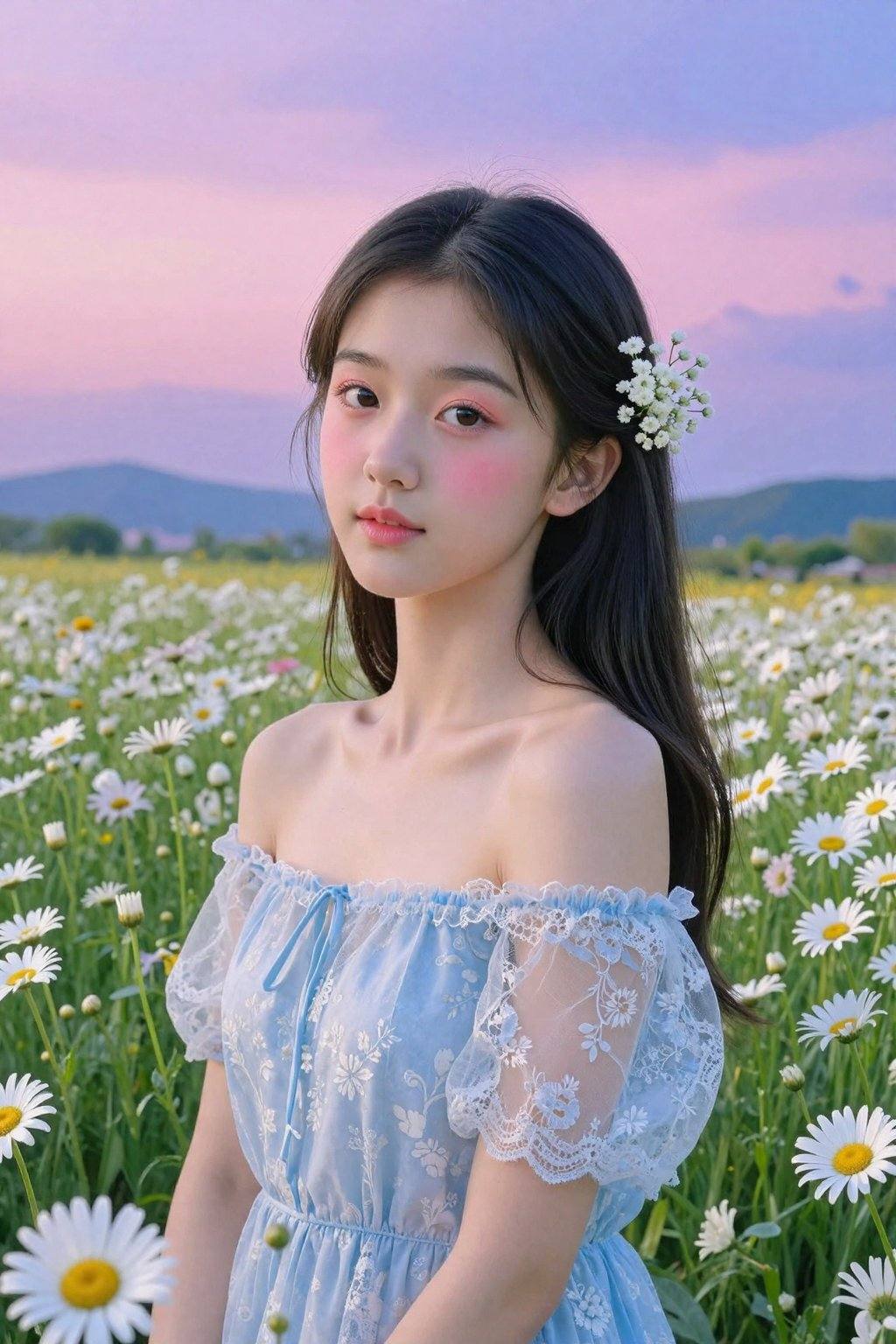 <lora:20260302_TinZITSharpnessSliderLora_v1_000000060:0>, This is a high-resolution photograph capturing a young Asian woman in a serene, sunlit field of blooming daisies. The woman, likely in her early twenties, has long, straight black hair adorned with delicate, white baby's breath flowers. Her skin is smooth and fair, with a natural, radiant complexion. She is dressed in a light, off-shoulder, light blue dress with sheer, lace-like sleeves and a subtle floral pattern, which complements the surrounding flowers. Her makeup is minimal but accentuates her eyes with a soft, pink blush and subtle eyeliner, giving her a fresh, natural look. The background features a vast expanse of daisies in various stages of bloom, with some flowers fully open and others still in bud, creating a lush, vibrant field. The sky is a beautiful gradient of soft pinks and purples, transitioning into a deeper blue as it reaches the horizon, suggesting either dawn or dusk. In the distance, rolling hills or mountains are faintly visible, adding depth to the scene. The overall mood is peaceful and ethereal, with the woman appearing almost like a serene spirit among the flowers.