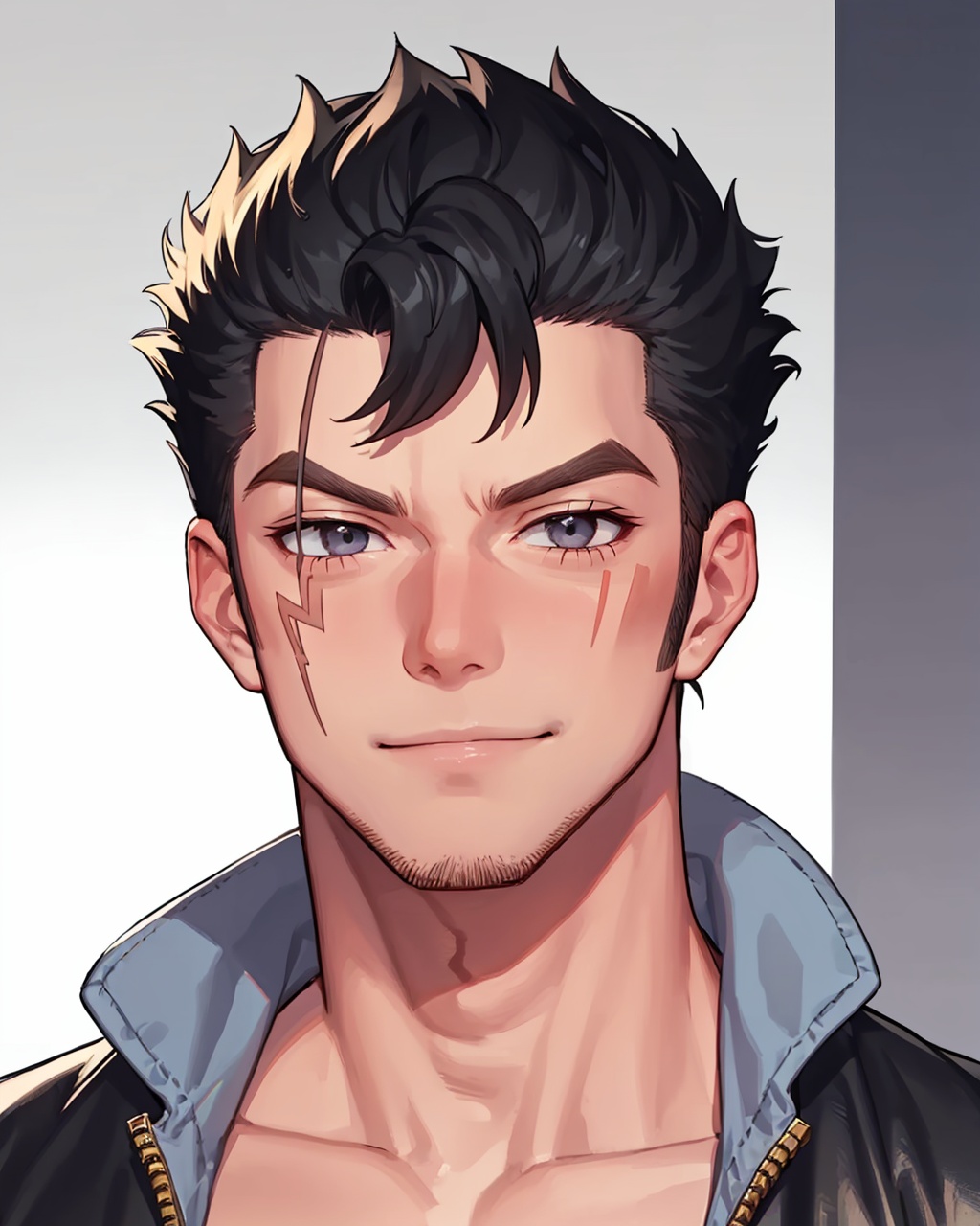 masterpiece,best quality, highly detailed, laxus dreyar, 1boy, solo, looking at viewer, close-up, smile, bara, sideburns, scar, muscular male, portrait, facial mark, facial tattoo, weapon,<lora:laxus_dreyar:1>