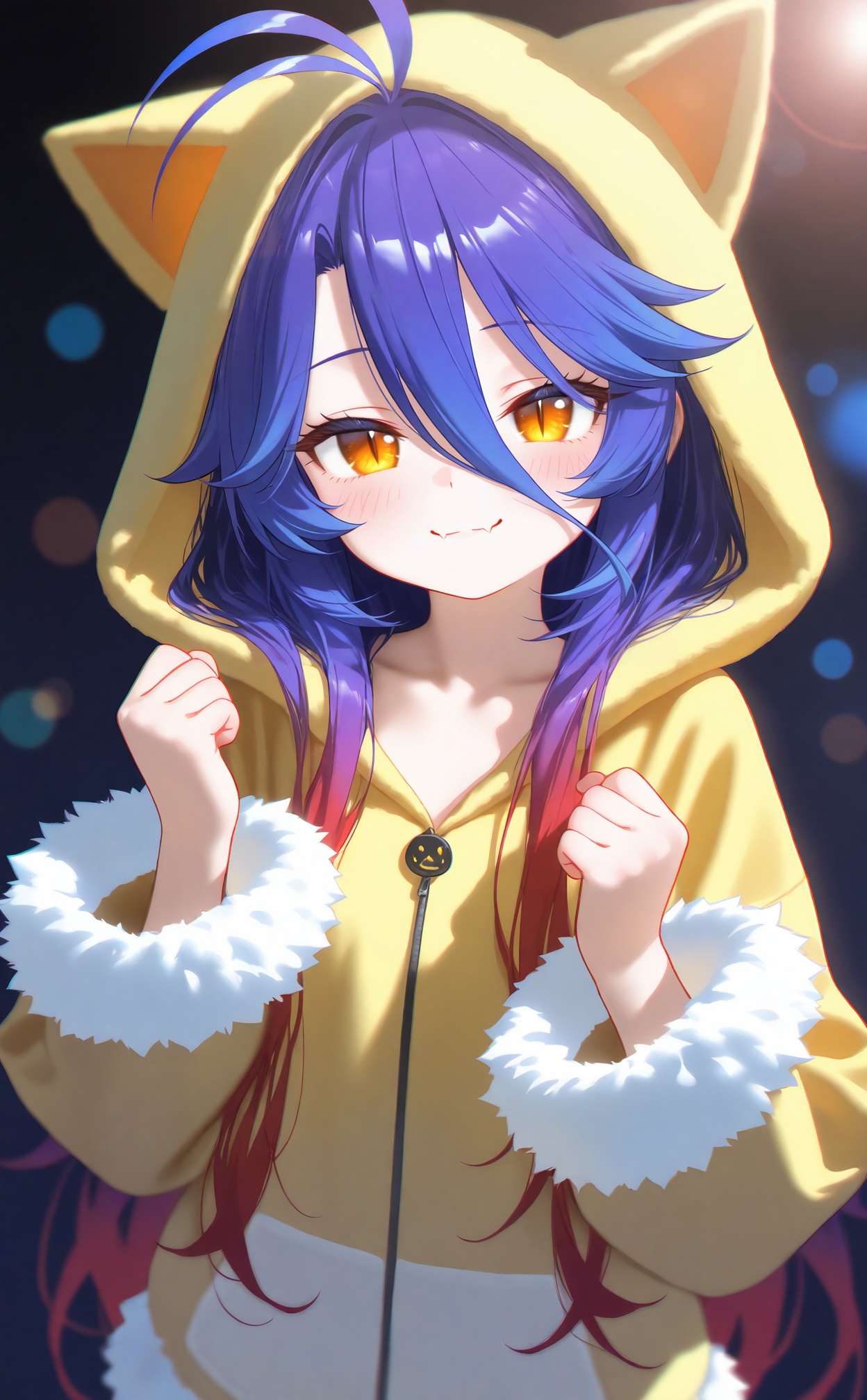 masterpiece,absurdres,best quality,high quality,chromatic_aberration,loli,petite,//,1girl,purple hair,solo,hair between eyes,long sleeves,hood,hood up,long hair,looking at viewer,hands up,closed mouth,blush,yellow eyes,multicolored hair,upper body,smile,pajamas,gradient hair,fur-trimmed sleeves,animal hood,fur trim,antenna hair,clenched hands,skin fangs,skin fang,slit pupils,hoodie,orange eyes,collarbone,blue hair,yellow hoodie,fangs,red hair,fang,blurry,jacket,//,highres,HDR,8K,high contrast,illustration,depth of field,(colorful),Tyndall effect,contrast,lens flare,//,<lora:nyalia33:1>,