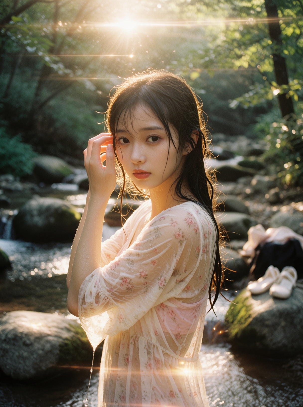Pretty_Girl,  asian woman,  50mm镜头轻微俯视角拍摄一个女孩在山野溪流中的半身肖像 on Tensor.Art