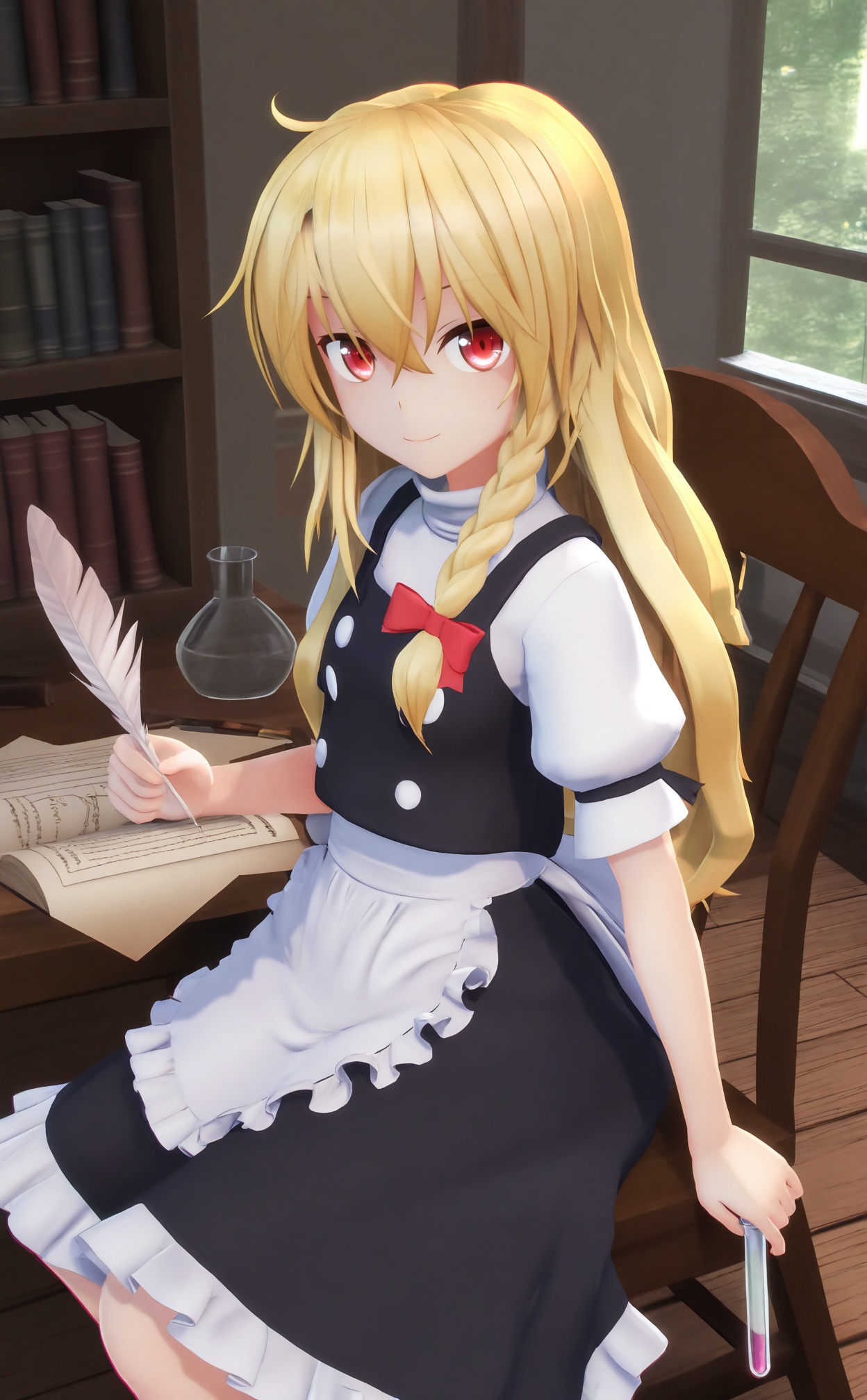 masterpiece,absurdres,best quality,loli,petite,high quality,chromatic_aberration,//,1girl,book,kirisame marisa,blonde hair,solo,apron,red eyes,long hair,white apron,smile,holding,sitting,short sleeves,open book,scroll,braid,paper,book stack,closed mouth,indoors,waist apron,chair,hair between eyes,no headwear,frills,frilled apron,holding book,looking at viewer,skirt,white shirt,black vest,shirt,puffy short sleeves,single braid,bow,frilled skirt,cup,red bow,puffy sleeves,black skirt,ahoge,hair bow,red ribbon,vest,dress,window,ribbon,black dress,on chair,hair ribbon,wooden table,table,holding paper,test tube,quill,wooden floor,reading,frilled dress,flask,crossed bangs,bookmark,tress ribbon,white bow,//,<lora:MMDguangwuran7——【noob】hans:0.9>,