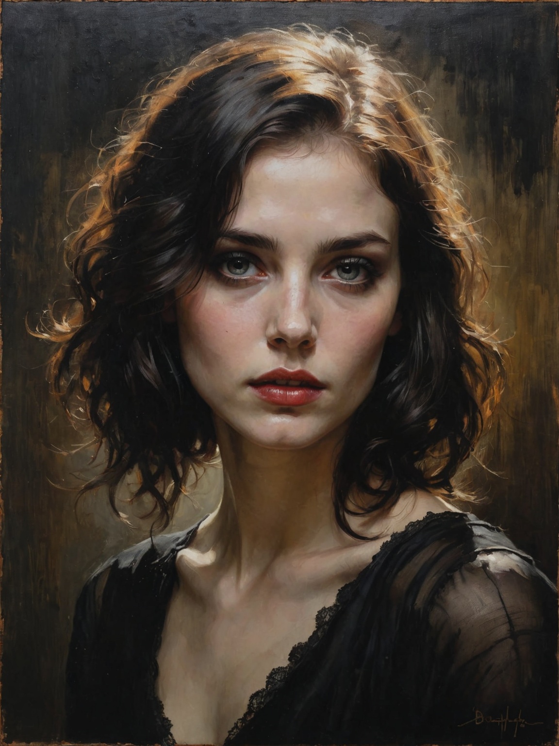 In Casey Baugh's evocative style,  a Gothic girl emerges from the depths of darkness,  her essence a captivating blend of...