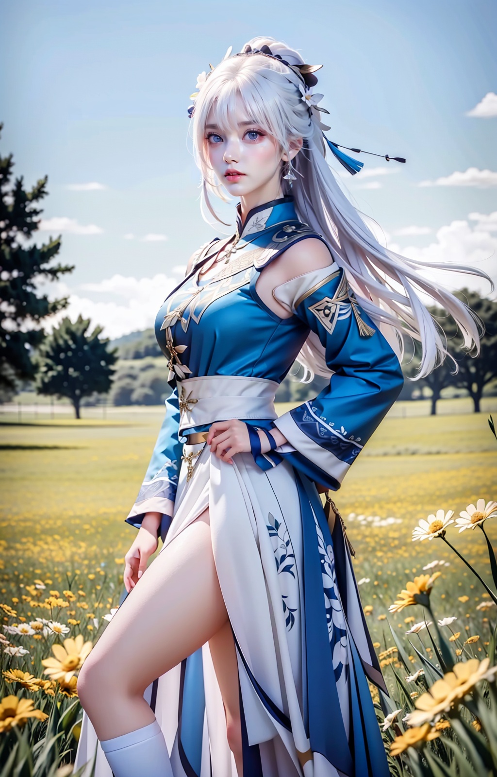 a woman in a costume standing in a field of flowers with her hands on her hips and her hair blowing in the wind,Du Qiong,final fantasy,a character portrait,fantasy art,absurdres,highres,wallpaper,colorful,thick eyebrows,pupils,bright_pupils,makeup,eyeshadow,lipstick,long_eyelashes,mascara,face_focus,eyes_focus,front view,looking_at_viewer,<lora:王者荣耀-杨玉环:0.8>,white hair,