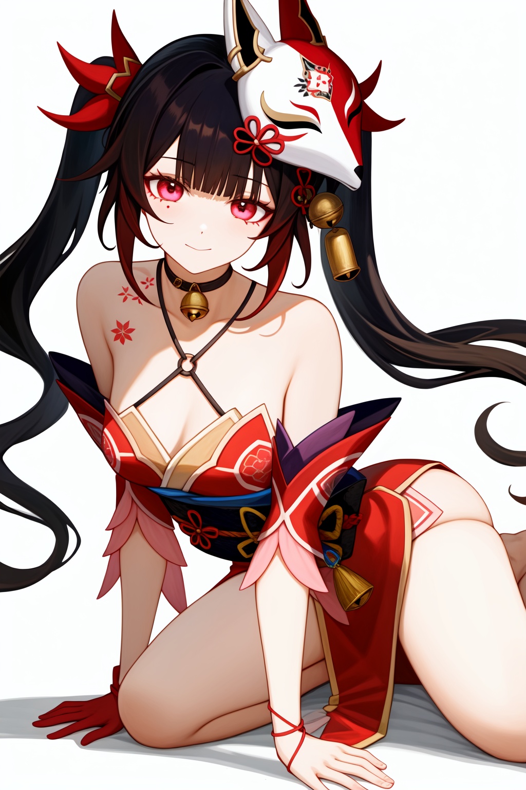 <lora:nai3画风bysdlion-000035:0.75:lbw=all>  <lora:花火v2:0.9:lbw=char> 1girl, huahuo, twintails, bare shoulders, fox mask, mask on head, red dress, detached sleeves, black gloves, jingle bell, choker, obi, kimono, tattoo, barefoot, (masterpiece,best quality,high quality:1.2),absurdres,