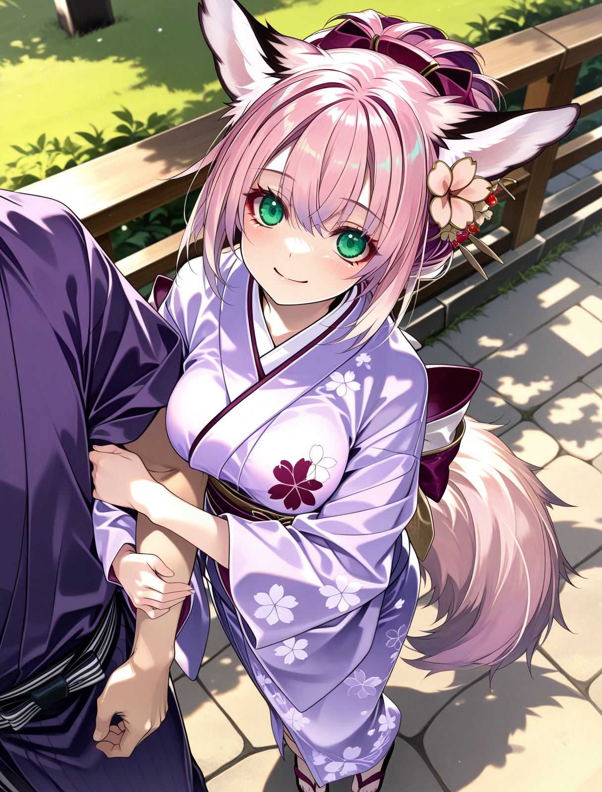 <lora:hanazuki_IL_v1.0:1>,hanazuki,purple yukata,smile,(shirokitsune:0.8),standing,hair up,outdoors,hugging another's arm,from above,, masterpiece,best quality,