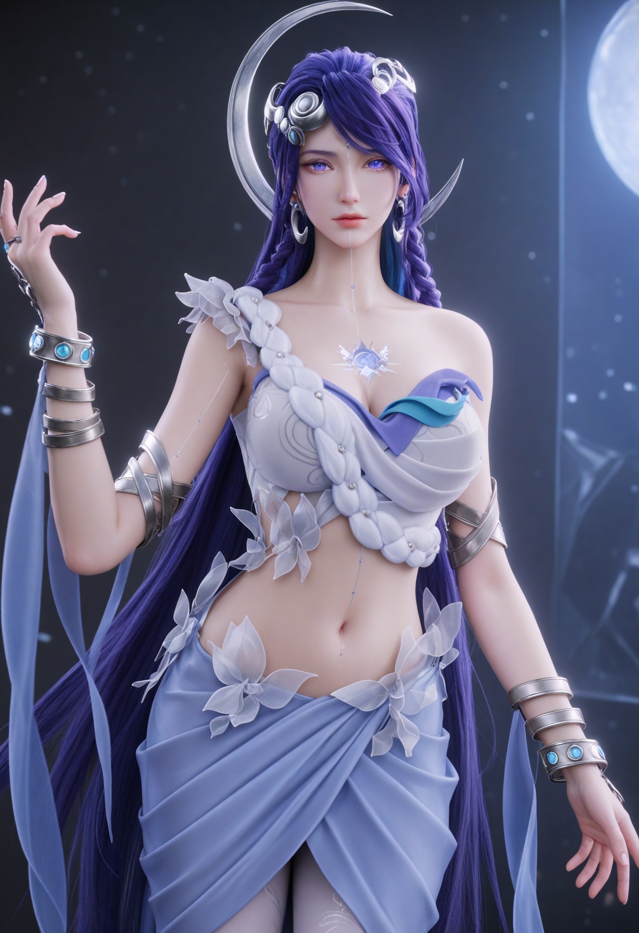 upper_body,(gigantic breasts:0.6),(slender:1.3),(looking_at_viewer:1.1),(masterpiece:1.1),(best quality:1.2),(intricate details),(smog:1.3),(Dark room:1.3),(dim lighting:1.3),<lora:YQ_Illustrious光辉v5_海月_V1:0.8>,q1528437228,solo,1girl,long_hair,purple_hair,jewelry,hair_ornament,earrings,blue_eyes,dress,blue_hair,braid,bracelet,crescent,bare_shoulders,midriff,very_long_hair,white_dress,skirt,crescent_hair_ornament,armor,purple_eyes,shoes,high_heels,realistic,blue_footwear,armlet,night,crescent_earrings,facial_mark,barefoot,hair_rings,long_skirt,white_pantyhose,blue_dress,masterpiece,(best quality),(intricate details:0.9) BREAK (intricate details:0.9),(realistic skin:1.2),masterpiece,best quality,newest,absurdres,hiahres,