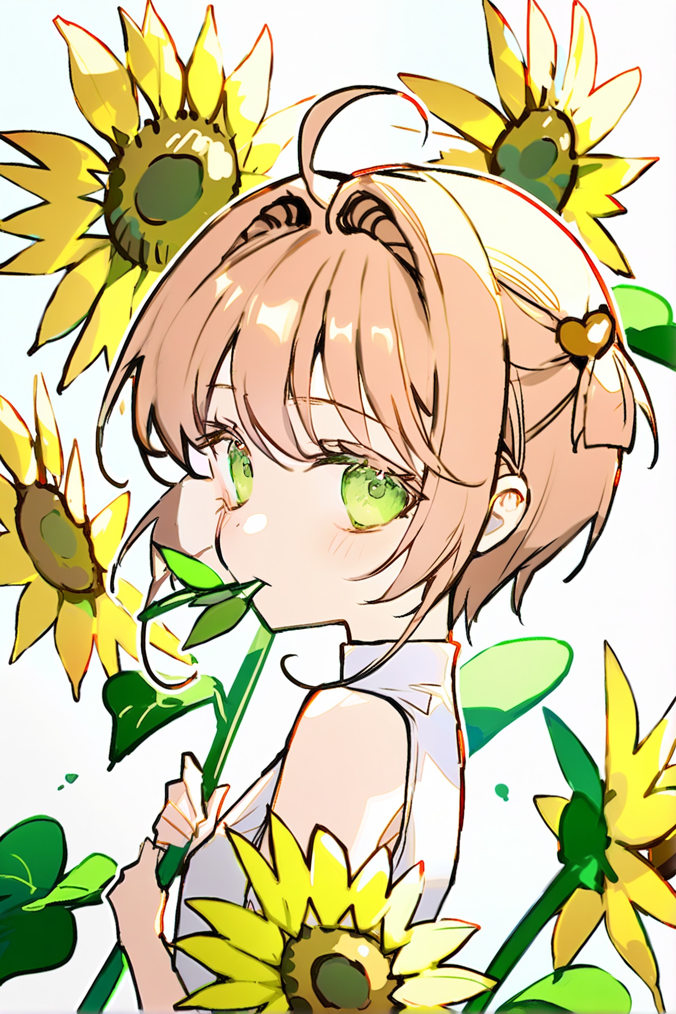 1girl, sunflower, solo, flower, green eyes, holding flower, looking at viewer, holding, orange hair, short hair, bare shoulders, blush, kinomoto sakura, ahoge, white background, upper body, looking back, simple background