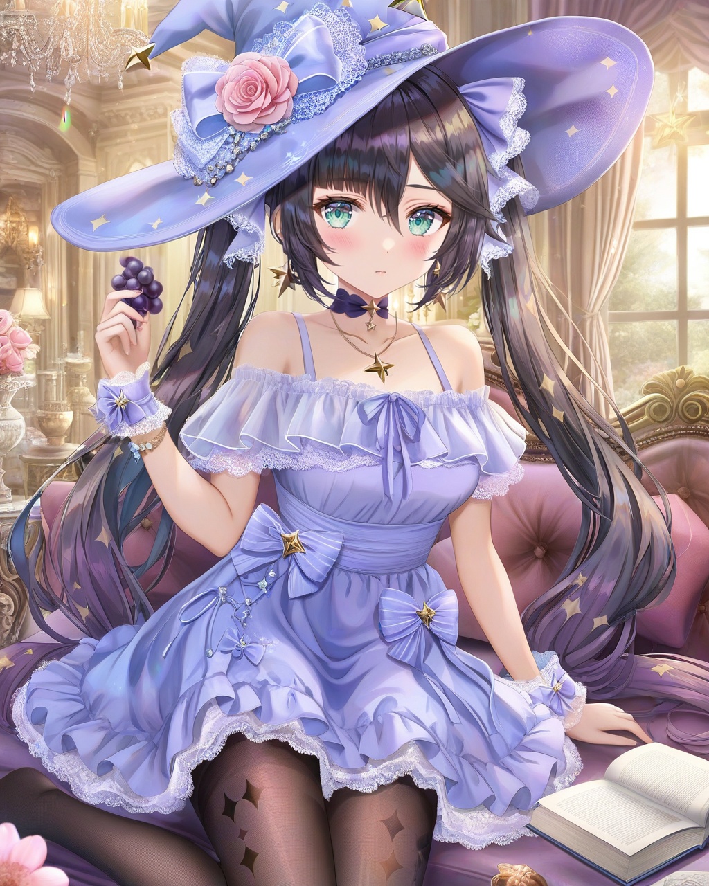 mona (genshin impact), multiple girls, hat, 2girls, dress, fischl (genshin impact), witch hat, long hair, book, twintails, purple dress, blonde hair, looking at viewer, pantyhose, candle, food, jewelry, flower, black hair, frilled dress, bangs, off-shoulder dress, frills, sitting, breasts, green eyes, purple headwear, indoors, hat flower, off shoulder, bare shoulders, hair ornament, holding, hat ornament, sparkle print, couch, blush, hand on headwear, fruit, star (symbol), alternate costume, blue eyes, hair between eyes, choker, very long hair, closed mouth, collarbone, holding book, earrings, bracelet, necklace, black pantyhose, hair ribbon, ribbon, medium breasts, short sleeves, chandelier, candlestand, blue headwear, crescent, blue dress, on couch, underwear, arm support, pink flower, book stack, window, two side up, bow, arm up, wrist cuffs, aqua eyes, open book, hand up, star earrings, grapes, holding food