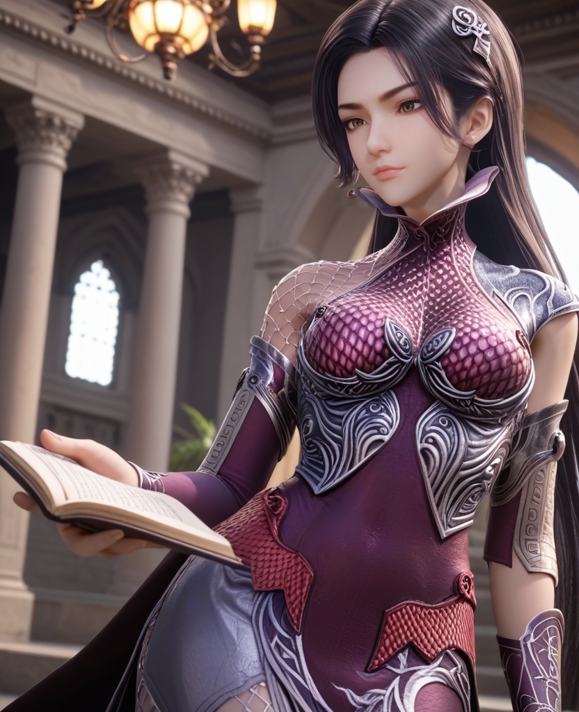 (oriental architecture, elegant decor, sophisticated style:1.1),(reading a book:1.1),(breasts:1.2),<lora:XL16秦时明月惊鲵:0.95>,miss jingni,corset dress with purple topwear and silver skirt,brown eyes,black hair,long hair,detached sleeves,barrettes,black leather left shoulder cut and mesh fabric on right shoulder,side slit,fishnet pantyhose,, score_9,score_8_up,score_7_up,score_6_up,score_5_up,score_4_up,3d rendering,tag1,tag2, Cinematic Lighting,backlighting,