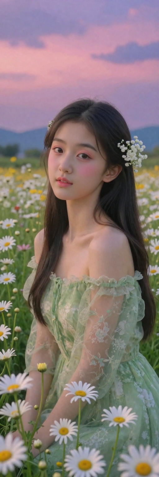 <lora:20260302_TinZITSharpnessSliderLora_v1_000000120:-2>, This is a high-resolution photograph capturing a young Asian woman in a serene, sunlit field of blooming daisies. The woman, likely in her early twenties, has long, straight black hair adorned with delicate, white baby's breath flowers. Her skin is smooth and fair, with a natural, radiant complexion. She is dressed in a light, off-shoulder, green dress with sheer, lace-like sleeves and a subtle floral pattern, which complements the surrounding flowers. Her makeup is minimal but accentuates her eyes with a soft, pink blush and subtle eyeliner, giving her a fresh, natural look. The background features a vast expanse of daisies in various stages of bloom, with some flowers fully open and others still in bud, creating a lush, vibrant field. The sky is a beautiful gradient of soft pinks and purples, transitioning into a deeper blue as it reaches the horizon, suggesting either dawn or dusk. In the distance, rolling hills or mountains are faintly visible, adding depth to the scene. The overall mood is peaceful and ethereal, with the woman appearing almost like a serene spirit among the flowers.
