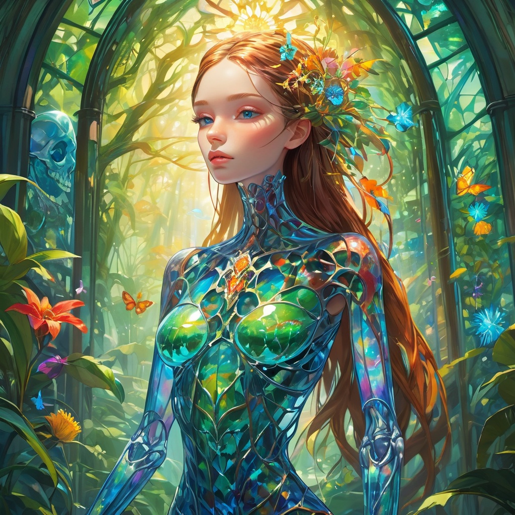 A girl, her hollow body is completely composed of neural network creatures, extraordinary and refined colorful human shapes. On the jungle river, a detailed epic ice transparent and ethereal extraordinary and refined glass skeleton allows you to see all the interior of her body, colorful melting skulls, radiance, bright colors, complex backgrounds, details, complex, dark themes, green forests, splicing, stained glass, lifelike to the extreme, with fine textures, Delicate and lifelike texture,(cowboy_shot), (high quality), best quality, (4k), 8k, super detailed, (full detail), (masterpiece), (realistic), super detailed,(Exquisite details) ,intricate,