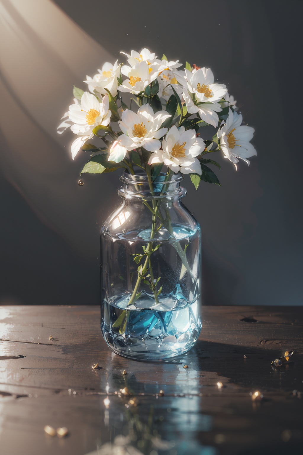 masterpiece,best quality,(ray tracing,cinematic lighting),glass bottle,close-up,white flower,blurry background,grey background,blurry foreground,simple background,