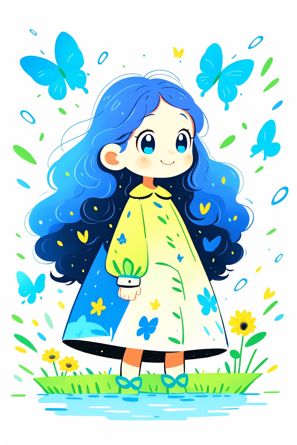 <lora:pencil style-7:0.8>,guchen, a girl, pencil style, white background, simple background, chibi, cute, full body, grass, smile, long eyelashes, bright blue eyes, long hair, blue dress, flowers, butterflies, water drops