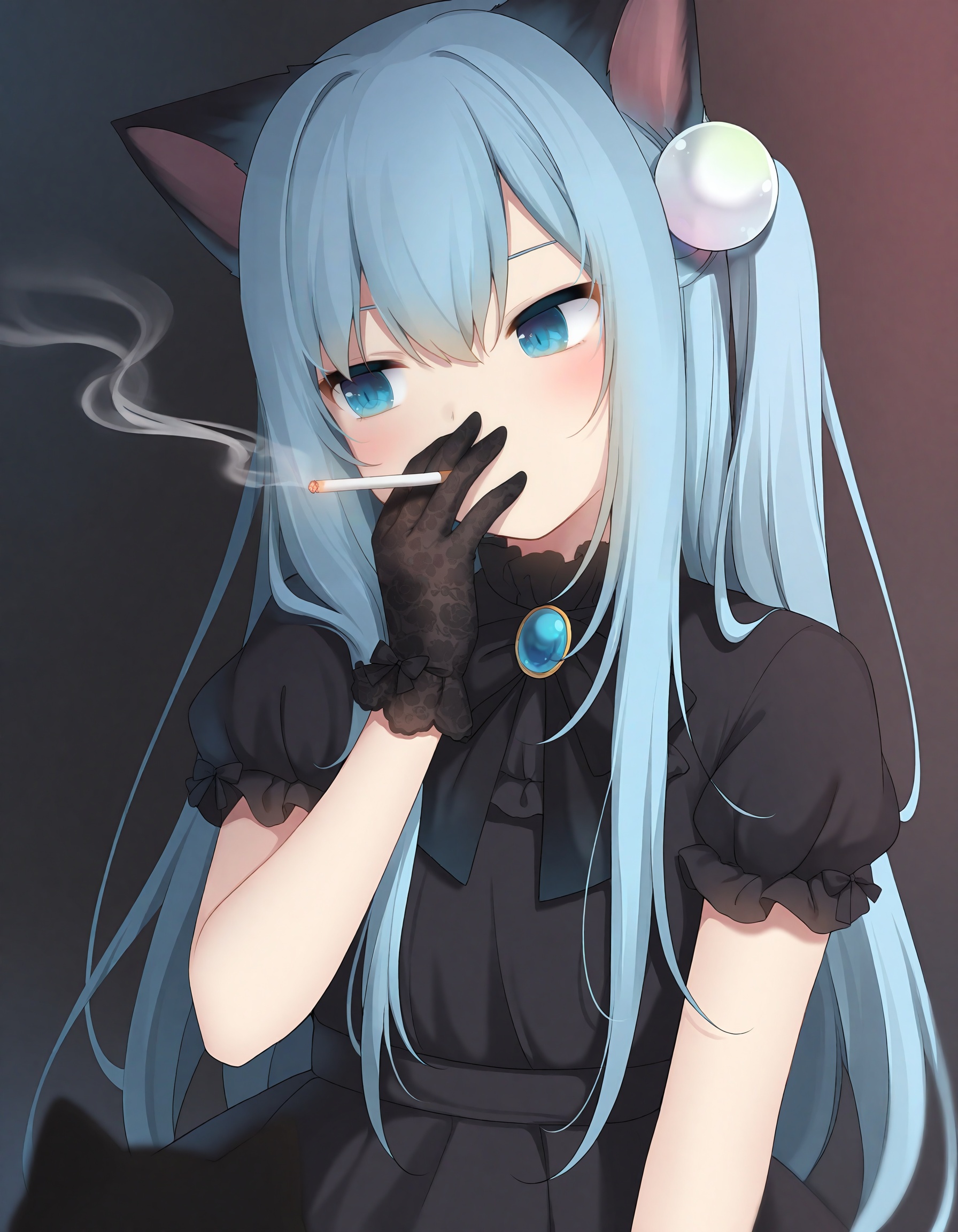 slit_pupils,amashiro natsuki, CHARACTERS-Nekohashizuku, 1girl, animal ears, black dress, dress, cigarette, gloves, blue hair, long hair, cat ears, black gloves, short sleeves, solo, blue eyes, smoking, holding, puffy sleeves, puffy short sleeves, cat, blurry foreground, depth of field, smoke, very long hair, head tilt, blurry, one side up, animal, hand up, blush, brooch, holding cigarette, hair ornament, black cat, hair between eyes, looking to the side, lace gloves, upper body, lace, frills, black bow, jewelry, between fingers, bow,masterpiece, best quality, newest, highres, absurdres, newest,