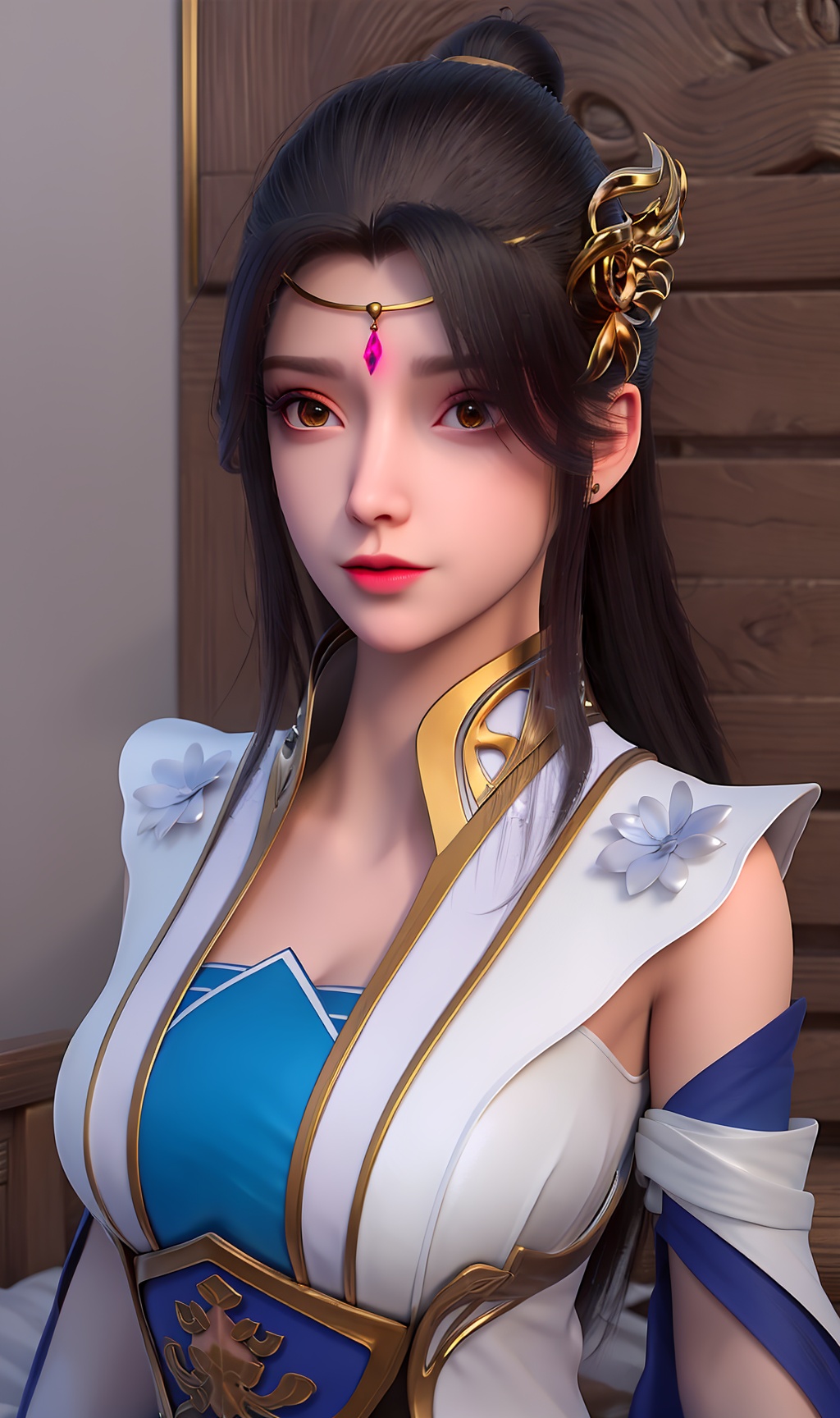 3D,masterpiece,(best quality),(makeup),official art, extremely detailed cg 8k wallpaper,((crystalstexture skin)), (extremely delicate and beautiful),(highly detailed),(face),(tiara),(collar),(tiara),(long_sleeves)(1girl), (solo), (jewelry), (earrings),(black_hair),(long_hair),(hair_ornament),(handwear),(breasts),((upper_body)),(closed_mouth),(long_dress),,(chinese_clothes),(multicolored_clothes),(multicolored_dress),(shiny_clothes),(city,indoor,bed),(wristband),,((looking_at_viewer)),((Facing the camera)),, <lora:hipoly3DModelLora_v10:0.3>