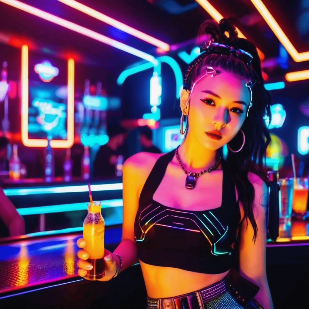 Bar photo,best picture quality,masterpiece,<lora:barphoto_XL:0.6>,- Features: The girl is dressed in cyberpunk style clothing,wearing futuristic accessories such as glowing earrings or necklaces,holding a smartphone with a high-tech appearance,with a confident and curious expression.,- Atmosphere: The lighting inside the bar is neon-colored,with interwoven light and shadow,creating a strong sense of the future and technology,with a touch of mystery.,- Style: The style of the picture is distinct,combining the typical elements of cyberpunk,such as metal texture,cold light colors,and digital screens,the girl's actions and expressions complement the environment.,- Background: The interior of the cyberpunk bar,with decorations full of a sense of technology,such as LED screens,fiber optic lights,and holographic projections,as well as furniture designs full of futurism.,- Lighting: Use cold light colors and neon light effects to emphasize the cyberpunk characteristics of the bar,while highlighting the girl's silhouette and expression through light and shadow effects.,