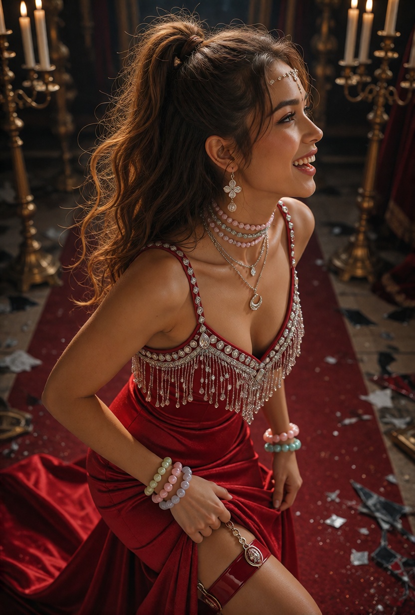 NalaX,  long warm brown hair styled in a high ponytail,  with thick cascading waves and loose strands framing her face. A...