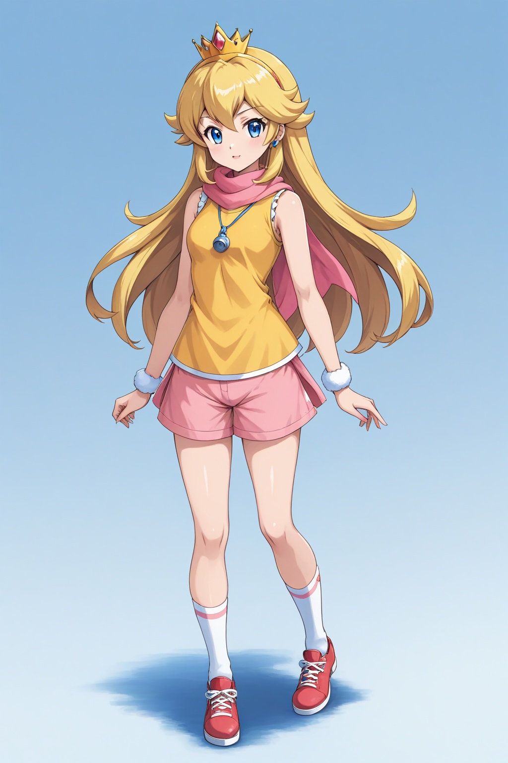 anime, BREAK looking at viewer, digimon, 1girl, solo, princess peach, blonde hair, blue eyes, long hair, (yellow shirt, sleeveless, pink scarf, pink shorts, white socks, red shoes, whistle)