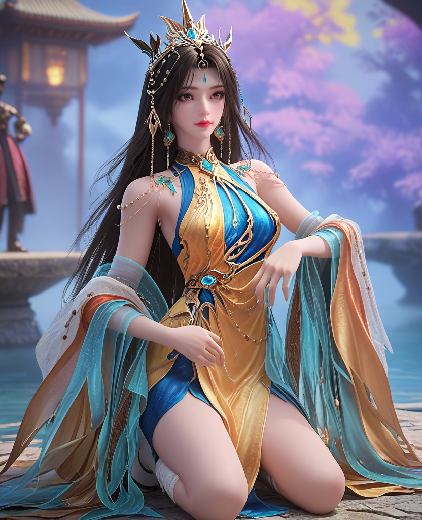(oriental architecture, elegant decor, sophisticated style:1.1),Kneeling with arms wrapped around the legs, showing vulnerability and self-protection,,(breasts:1.2),<lora:XL16完美世界梦回仙古凰女:0.95>,miss huangnu,solo,yellow dress,blue chemise,brown eyes,black hair,very long hair,hair ornament,earrings,jewelry,silk shawl sleeves,forehead pendan,tiara,white socks,, zPDXL2, score_9, score_8_up, score_7_up BREAK realistic, masterpiece,best quality, highly detailed,, zPDXL3, zPDXL2,zPDXL, zPDXLxxx, zPDXLrl,
