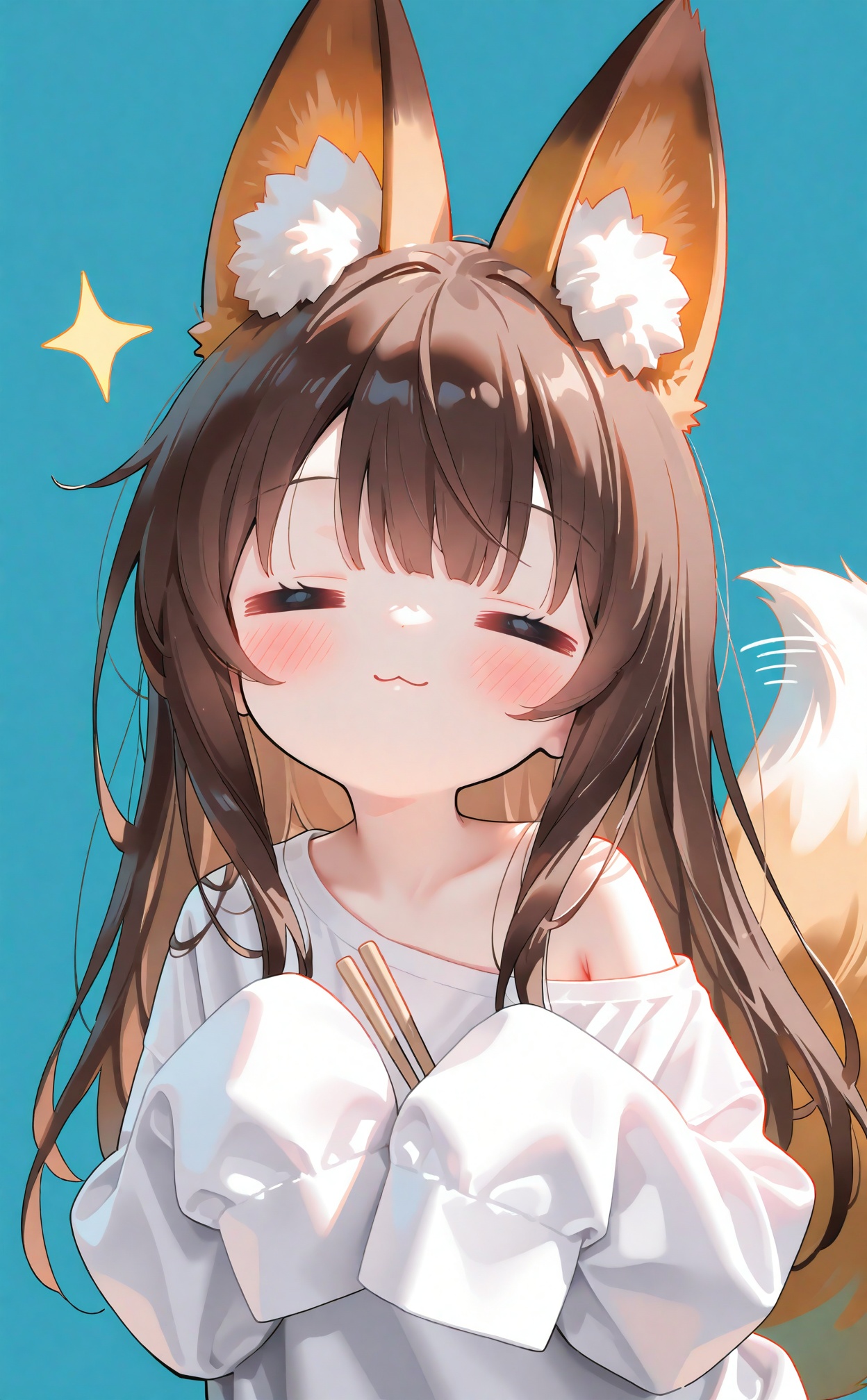 1girl,solo,long hair,blush,bangs,simple background,brown hair,shirt,long sleeves,animal ears,closed mouth,tail,closed eyes,white shirt,off shoulder,animal ear fluff,sleeves past wrists,fox ears,sparkle,:3,fox tail,blue background,fox girl,facing viewer,sleeves past fingers,= =,chopsticks,oversized clothes,afterimage,oversized shirt,<lora:Nano gys2-000036:0.7>,