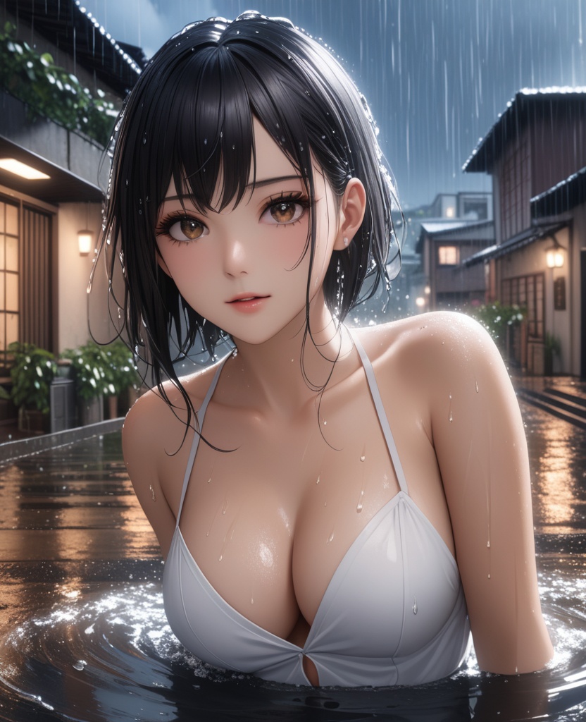 (,1girl, ,best quality, ),looking at viewer,masterpiece, (( , )),,ultra realistic 8k cg, ,      ,building, bare_shoulders,cleavage cutout, eyelashes,magic,hydrokinesis,sweat, wet, rain, ,       (cleavage), (),