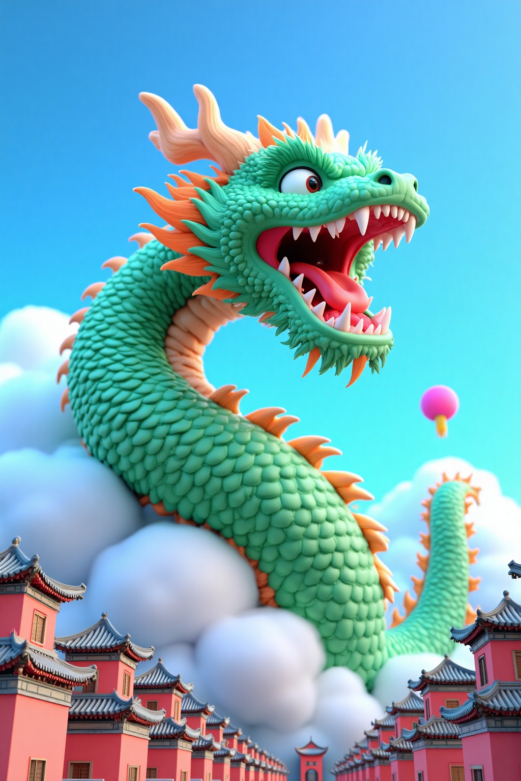 beijihui,a vibrant green dragon is soaring through the air,its mouth wide open. Its head is adorned with a pink ball,adding a pop of color to the scene. In the background,a row of pagoda buildings can be seen. The sky is a deep blue,dotted with fluffy white clouds.,