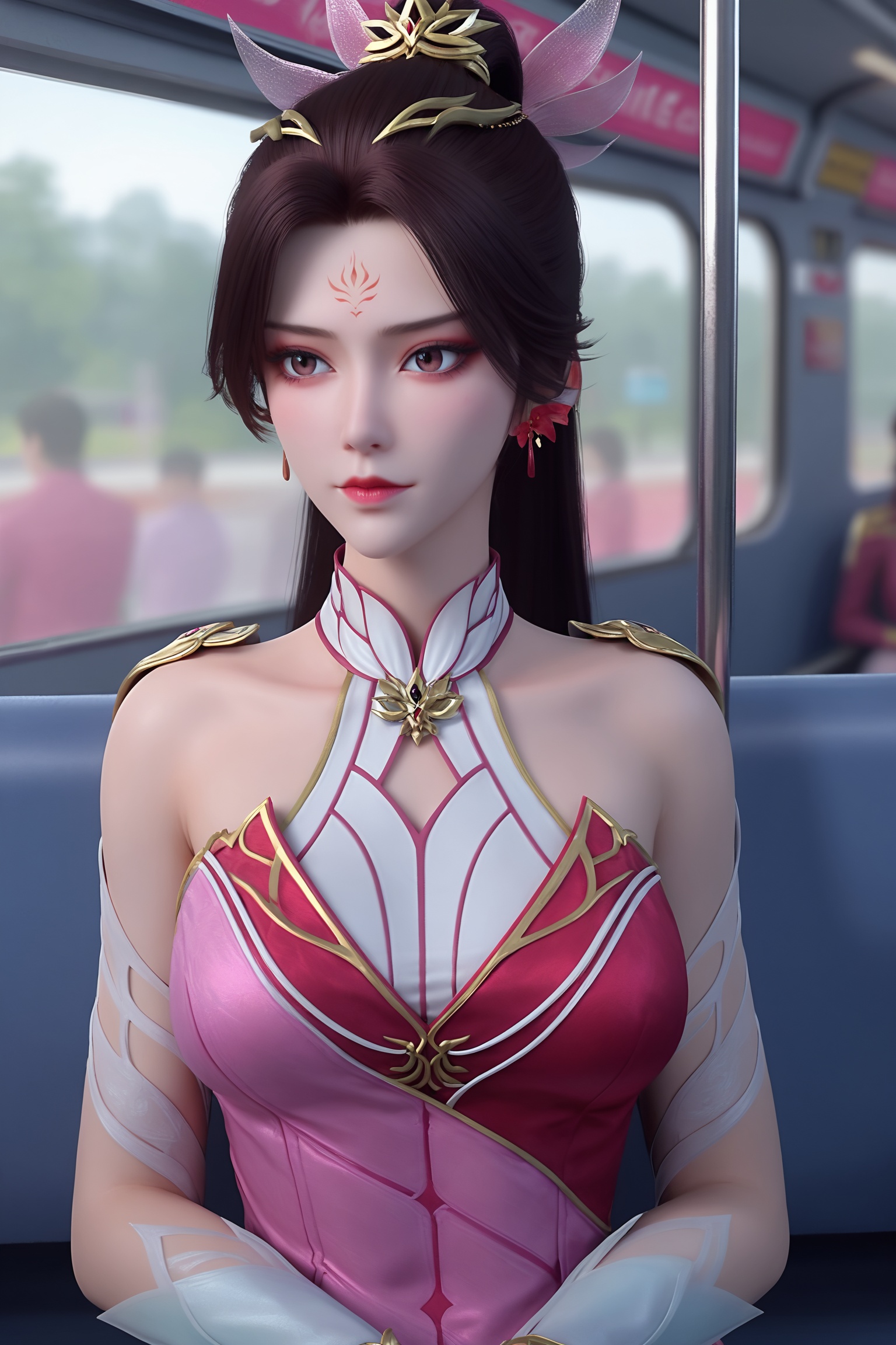solo,1girl,solo focus,(perfect_anatomy:1.1),(upper_body:1.2),(portrait:1.1),sitting,(train_interior:1.1),(blurry_background:1.2),score_9,<lora:斗破苍穹-花宗-花锦:0.7>,long,black hair,high ponytail,golden crown,white dress that transitions into a deep pink color towards the bottom.high slit,golden,high collar,pointed shoulder pads.,