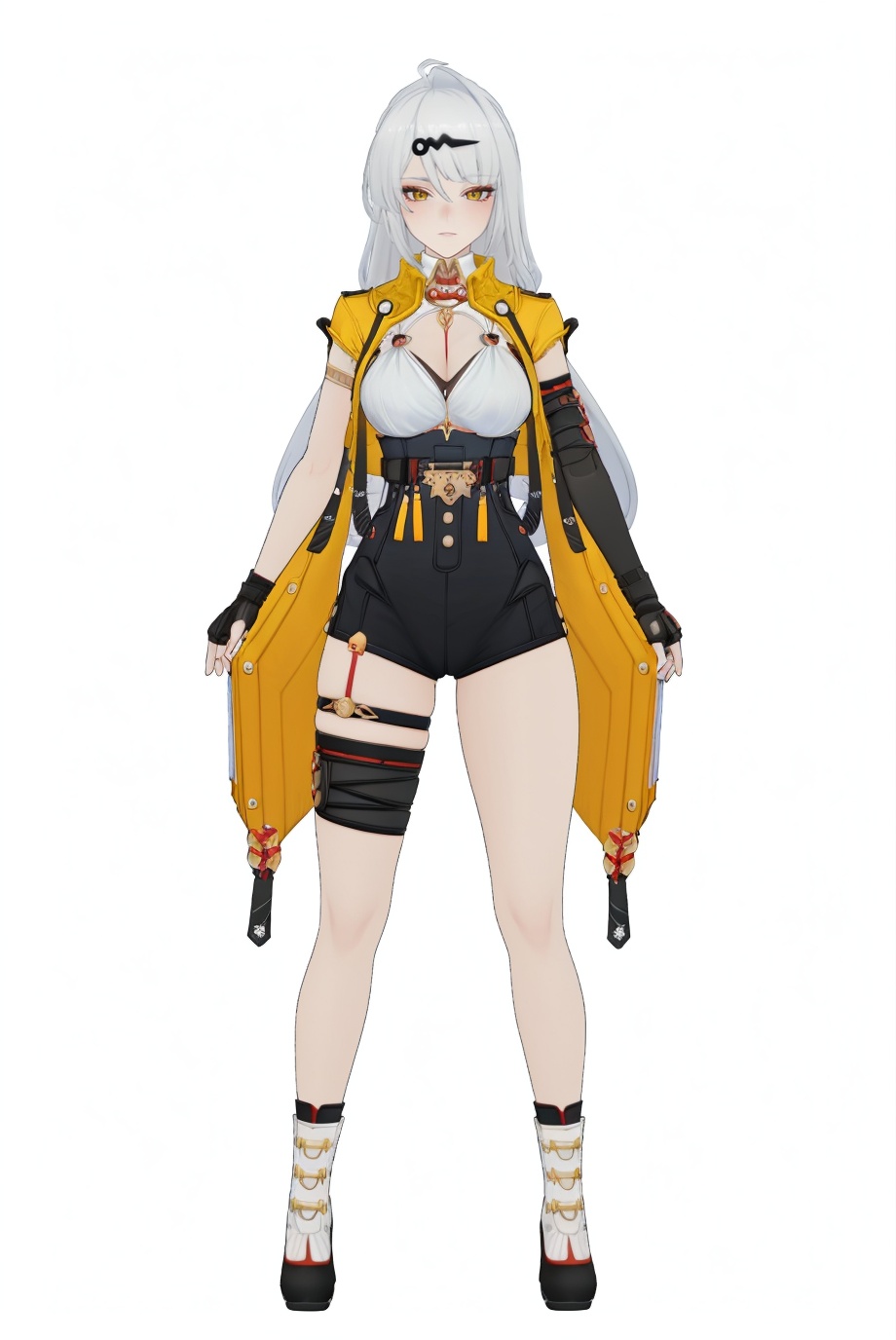8k,best quality,masterpiece,(ultra-detailed),(high detailed skin),(by nanoless, by misumi \(macaroni\),:0.5),A full-body portrait of a young girl,standing gracefully,pastel art style,high-key lighting,shoujo manga influence,hd quality,delicate details,full body,full shot,standing,looking at viewer,(solo:1.2),simple background,(white background:1.2),<lora:yixuan-sd-Tanger-000019:0.85>,yixuan \(Zenless Zone Zero\),clothes: yx def combat bodysuit,open yellow jacket,1girl,long hair,asymmetrical fingerless gloves,yellow eyes,breasts,single thighhigh,black gloves,cleavage,bangs,white chest clothe,