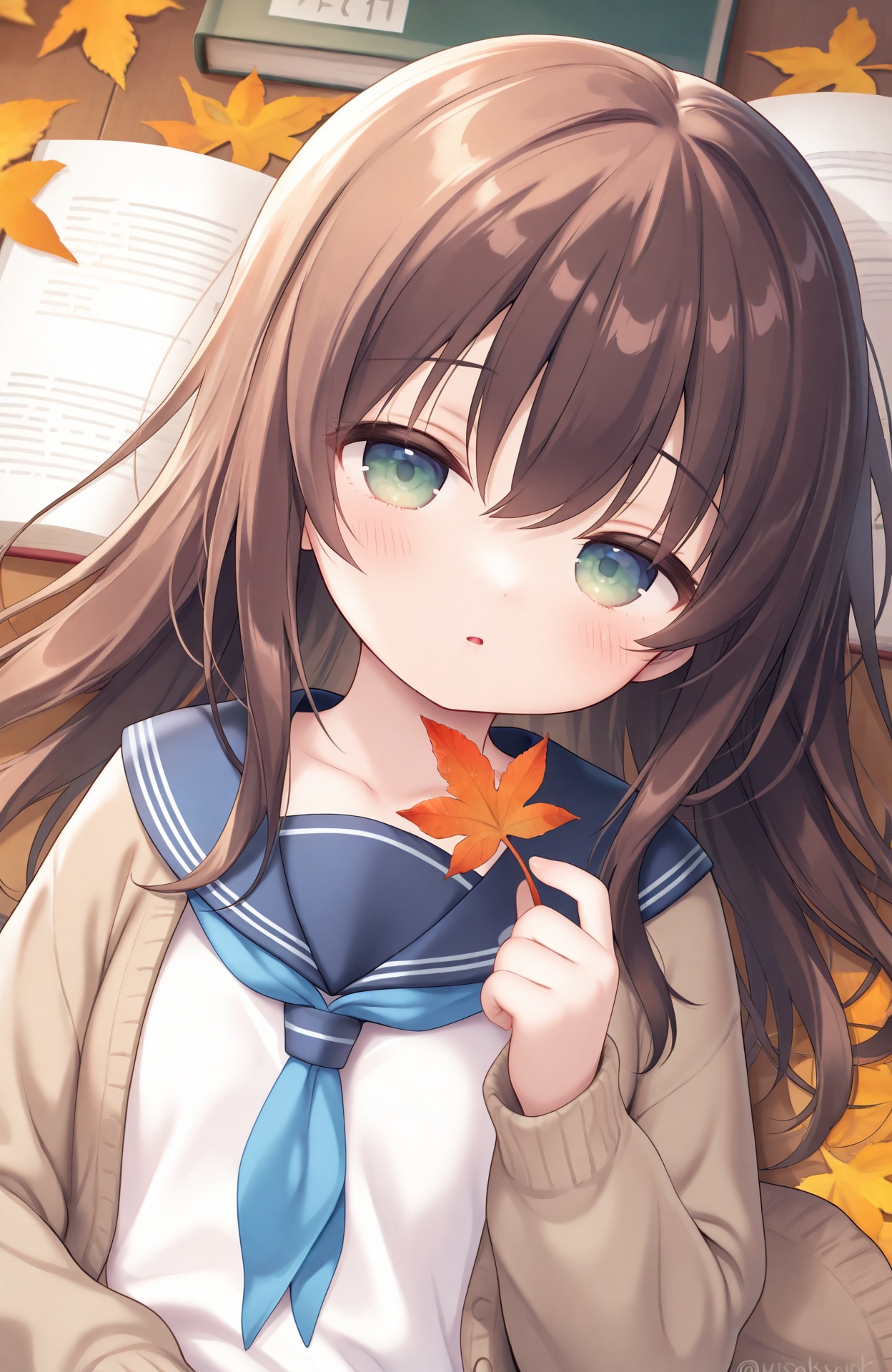 masterpiece,absurdres,best quality,petite,high quality,chromatic_aberration,loli,//,solo,1girl,holding leaf,school uniform,green eyes,brown hair,serafuku,lying,leaf,on back,looking at viewer,holding,blush,sailor collar,cardigan,neckerchief,white shirt,parted lips,blue neckerchief,shirt,blue sailor collar,upper body,collarbone,open clothes,book,open cardigan,long sleeves,hair between eyes,long hair,twitter username,brown cardigan,