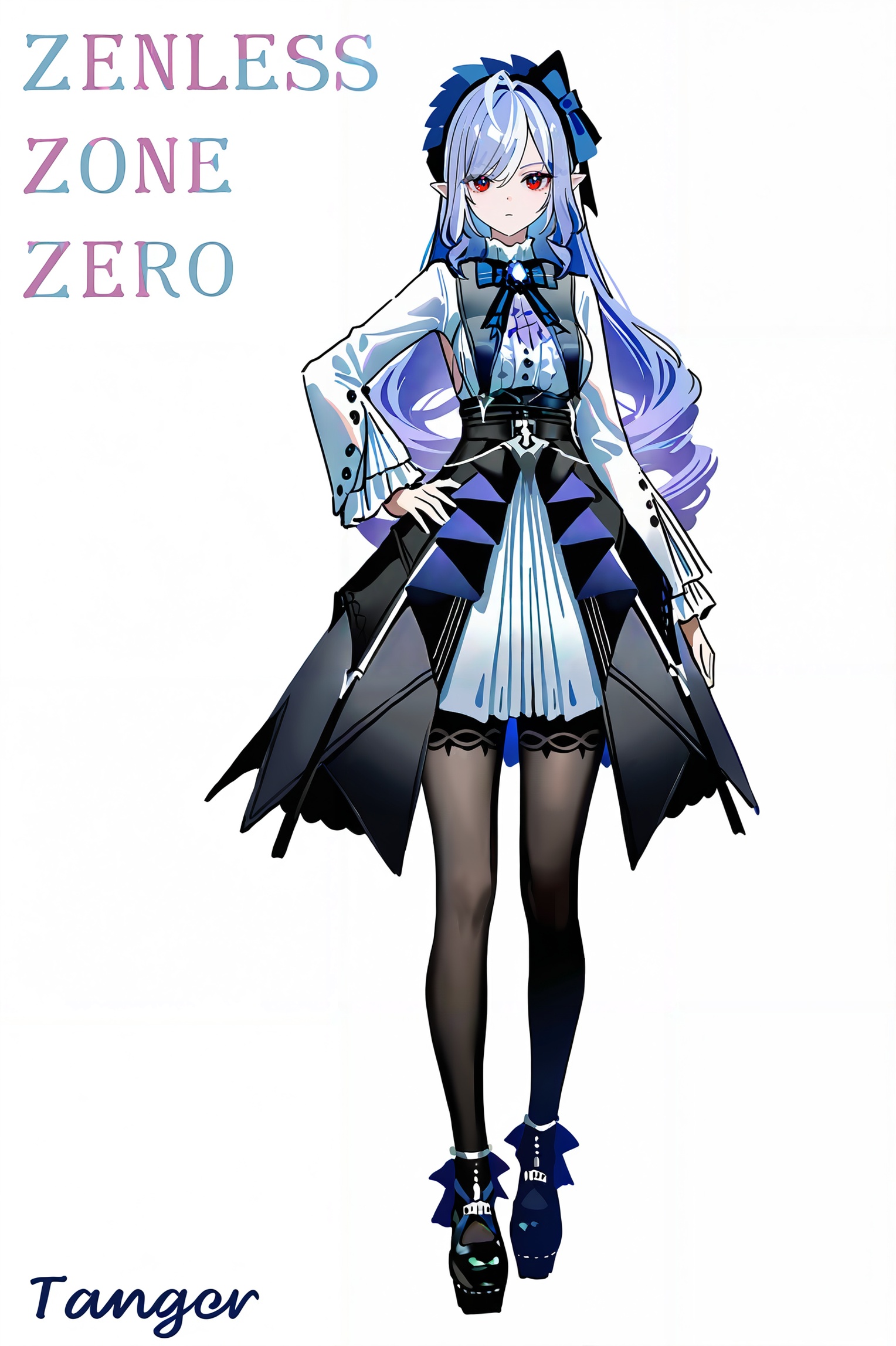 8k,best quality,masterpiece,(ultra-detailed),(high detailed skin),((artist:reoen),(artist:fuzichoco),(artist:atdan),(artist:torino_aqua),year 2024:0.8)1girl,[artist:wlop],[artist:ningen_mame],artist:ciloranko,[[artist:rhasta]],artist:tidsean,colorful,full body,full shot,standing,(solo:1.2),simple background,(white background:1.2),hand on own hip,(white background:1.1),looking at viewer,<lora:vivian2-will-Tanger:0.8>,vivian \(zenless zone zero\),clothes: vivian def dress,vivian hairband with bow,1girl,red eyes,long hair,black footwear,long sleeves,pointy ears,bow,black pantyhose,