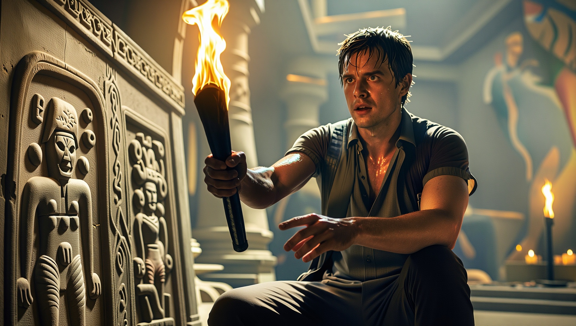 Indiana Jones in a dusty temple,  torchlight illuminating ancient carvings,  sweat on his brow as he reaches for a golden...