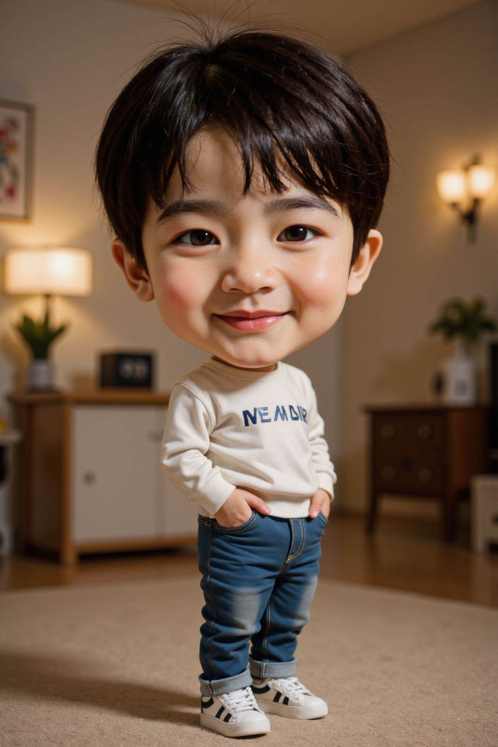 HDR photo of cinematic film still solo, looking at viewer, smile, shirt, black hair, long sleeves, 1boy, brown eyes, standing, full body, white shirt, male focus, shoes, pants, indoors, denim, sneakers, child, clothes writing, jeans, realistic, male child, chibi . shallow depth of field, vignette, highly detailed, high budget, bokeh, cinemascope, moody, epic, gorgeous, film grain, grainy . High dynamic range, vivid, rich details, clear shadows and highlights, realistic, intense, enhanced contrast, highly detailed