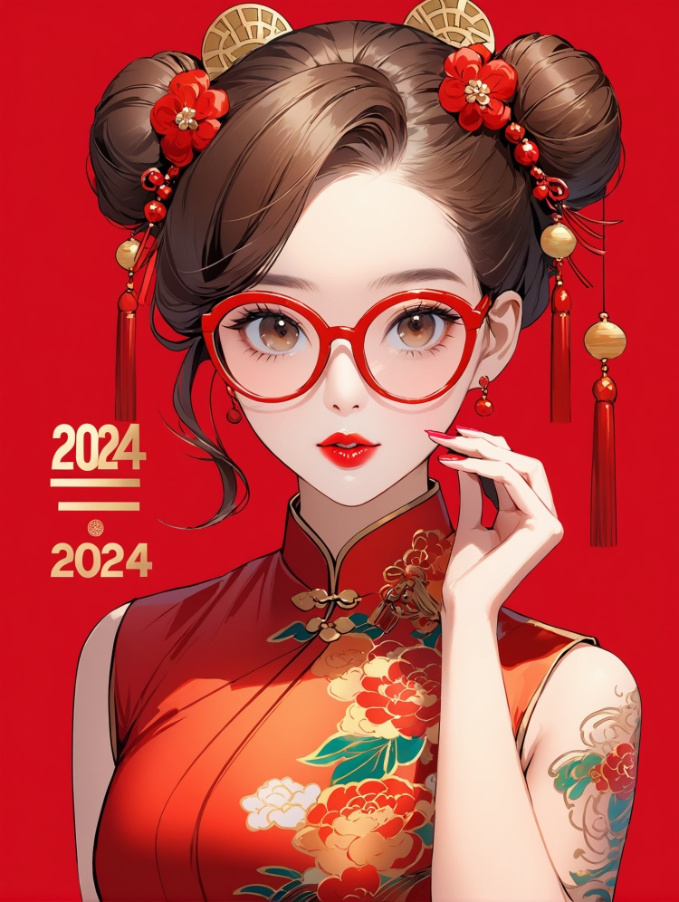 chinese style,tide,1girl,solo,sunglasses,china dress,double bun,hair bun,dress,hair ornament,red background,looking at viewer,upper body,new year costume,New Chinese cheongsam,new year,brown eyes,realistic,lips,makeup,lipstick,tattoo,red lips,simple background,red dress,adjusting eyewear,brown hair,pink nails,new year 2024,masterpiece,best quality,