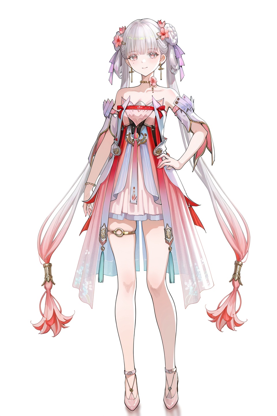 8k,best quality,masterpiece,(ultra-detailed),(high detailed skin),((artist:reoen),(artist:fuzichoco),(artist:atdan),(artist:torino_aqua),year 2024:0.8)1girl,[artist:wlop],[artist:ningen_mame],artist:ciloranko,[[artist:rhasta]],artist:tidsean,colorful,detailed light,light leaks,sunlight,bokeh,blurry foreground,ray tracing,lens flare,cinematic lighting,full body,full shot,standing,looking at viewer,(solo:1.2),simple background,(white background:1.2),hand on own hip,(white background:1.1),<lora:jxnew-noob-Tanger-000014:0.8>,jinhsi,jinhsi \(peach blossom\) \(wuthering waves\),(clothes:peach blossom pink dress,alternate costume,bare shoulders:1.2),flower-shaped pupils,1girl,hair ornament,hair flower,twintails,bangs,jewelry,very long hair,A full-body portrait of a young girl,standing gracefully,pastel art style,high-key lighting,shoujo manga influence,hd quality,delicate details,