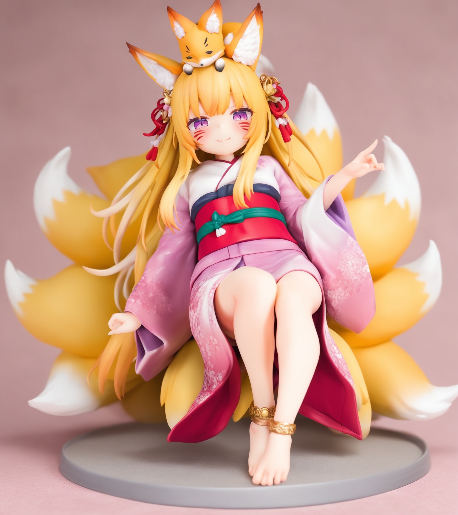 1girl,pvc figure,(loli:1.2), solo, kimono, hair ornament, fox girl, fox ears, fox tail, tail, multiple tails, full body, animal ears, obi, barefoot, facial mark, smile, blonde hair, japanese clothes, long hair, closed mouth, looking at viewer, on head, kitsune, animal on head, toes, anklet, purple eyes, sash, jewelry, feet, blush, animal ear fluff,masterpiece, newest, absurdres, sensitive