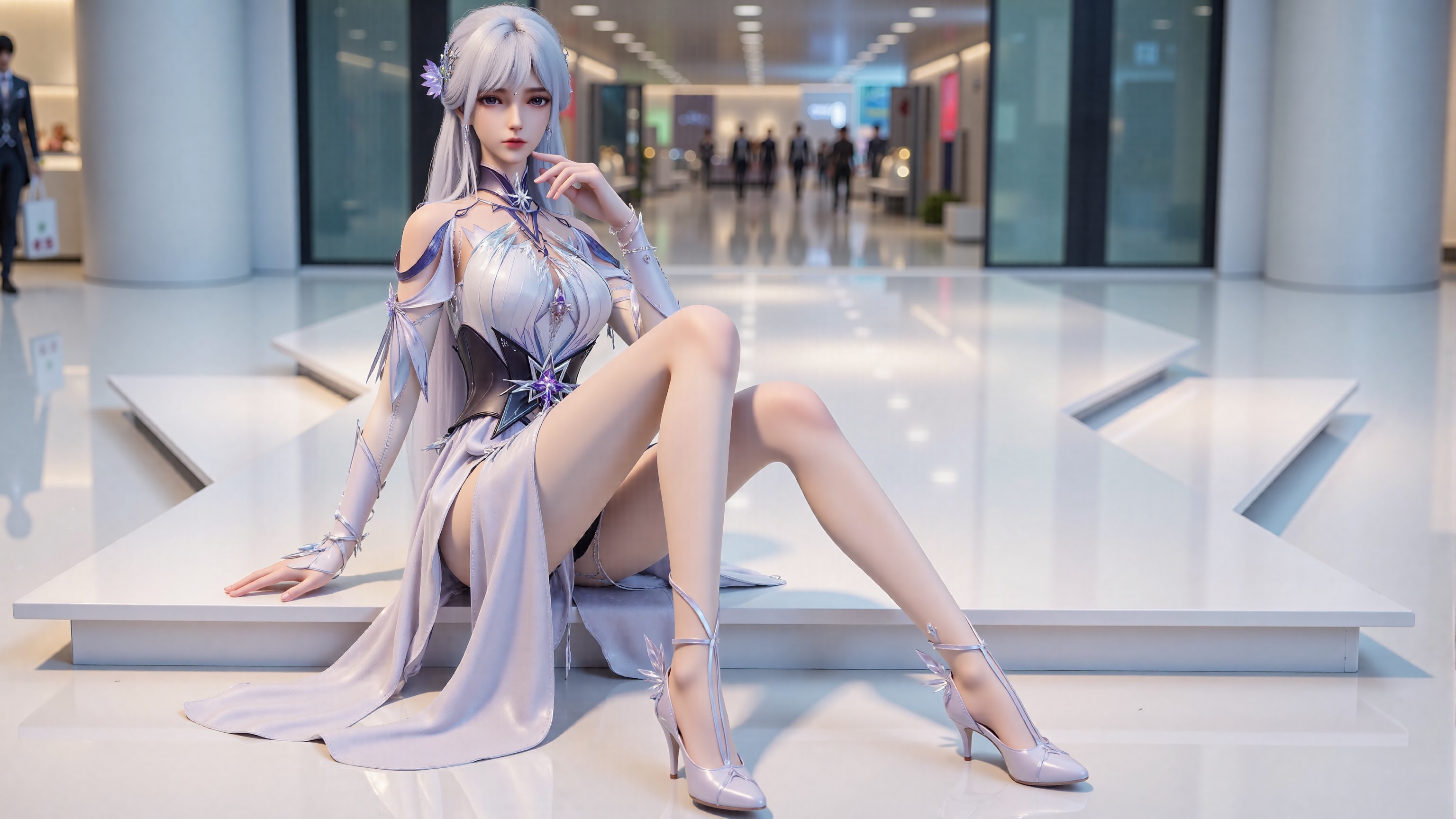 shengcaier,perfect body,scenery,sharp focus,finely detailed beautiful anime eyes,realistic skin,intricate details,Perfect body structure:1.2,front view.,Good structure,wenwen,wenwen,The image depicts a young woman with large breasts sitting on a modern,white,stepped platform in what appears to be a contemporary indoor setting,a shopping mall.,The woman is seated,her right leg resting on the platform and her left leg extended outward. Her right hand is resting on her cheek,and her left arm is bent with her hand resting on her thigh,creating a relaxed yet poised posture. Her two long legs are amazing slender and symmetrical,elegant and alluring,becoming the center of the picture.,The woman has a confident and slightly pensive expression. Her eyes are looking at the viewer,and her lips are closed with a subtle,knowing smile.,The setting is modern and sleek,with a minimalist design. The platform she is sitting on is white and has a smooth,clean surface. Behind her,there is a large glass wall that reflects the interior of the space,adding depth to the image. The lighting is bright and even,typical of a well-lit indoor environment,which highlights the woman and her attire.,heel decorations:1.3,purple heel decorations:1.3,white hairs:1.3,white transparent stockings:1.4,high heels:1.3,barefoot:1.3,