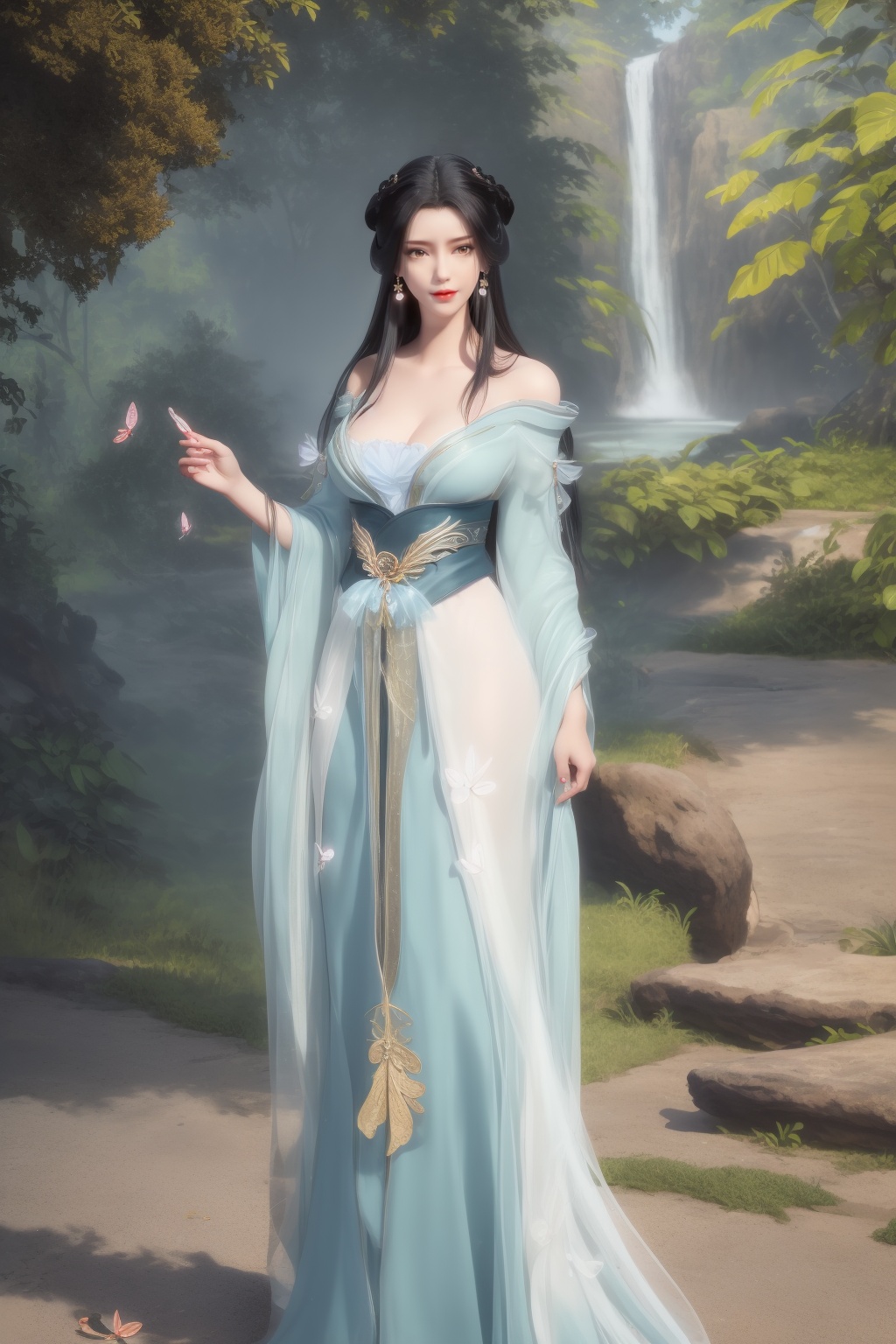 ultra realistic 8k cg,flawless,clean,masterpiece,professional artwork,famous artwork,perfect face,beautiful face,best quality,full_shot,absurdres,1girl,solo,hanfu,dress,standing,bare shoulders,facial mark,forehead mark,hair bun,hair rings,chinese clothes,sparkle,torogao,smile,makeup,red lips,breasts,large breasts,jewelry,earrings,hair ornament,(outdoors:1.4),water,waterfall,butterfly,flower,long hair,realistic,looking at viewer,high heels,<lora:shenfengJ_20240105120823-000004:0.7>,