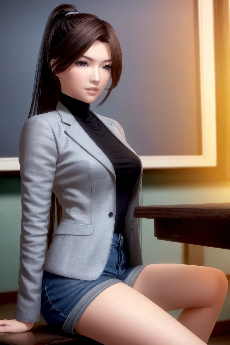 ((HRD, HUD, 8K)),((masterpiece, best quality)), highly detailed, soft light,1girl, solo, black hair, brown hair, long hair, ponytail, lips, black eyes, (t-shirt:1.2), (blazer:1.2), denim shorts, blurry background, classroom, chalkboard, sitting, cowboy shot, looking at viewer, <lora:20240504-1714817809601:0.7>