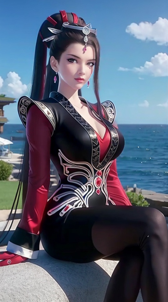 1 girl,Breasts,Black and red dress,Red gloves,Hair accessories,Long hair,(sitting),Blue sky and white clouds background,Standing by the seaside,Thigh height,Black silk pantyhose,ocean,seawater,Water element,Breasts,Cleavage of breast,earring,hairpin,jewelry,solo,Chinese clothing,<lora:e685770ed6959e64ce22cf8755a013f94da37681402fc4a1ae9c2c3c3ed2e05e:0.7>