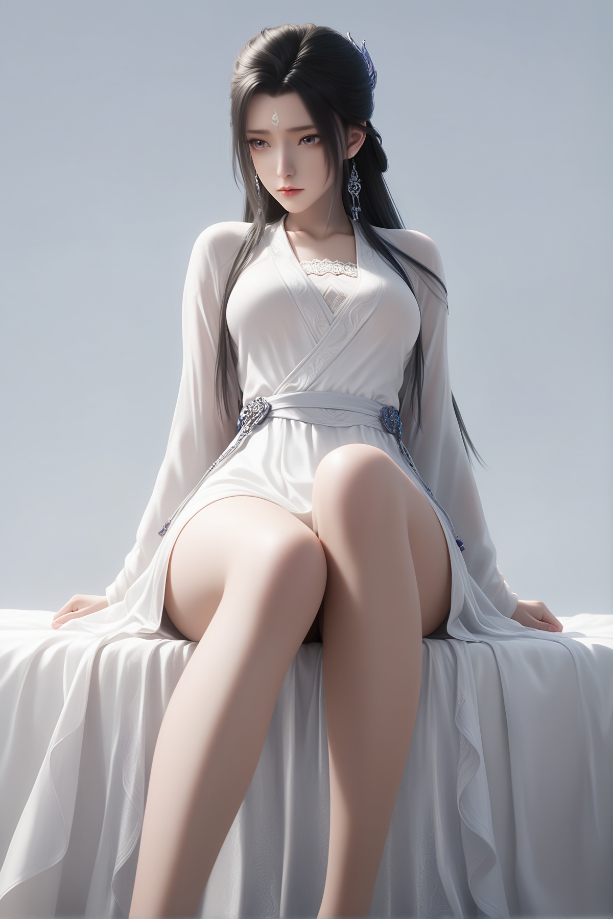 masterpiece,best quality,realistic,cinematic,detail eyes,(ultra-detailed),perfect composition,intricate details,absurdres,detailed face,high quality,high res,8K,<lora:X_luxueqi_sy_IL3.0:0.8>,black hair,purple eyes,forehead mark,1girl,long hair,breast,medium breast,hair_ornament,dress,bare_legs,sitting,simple background,bed,